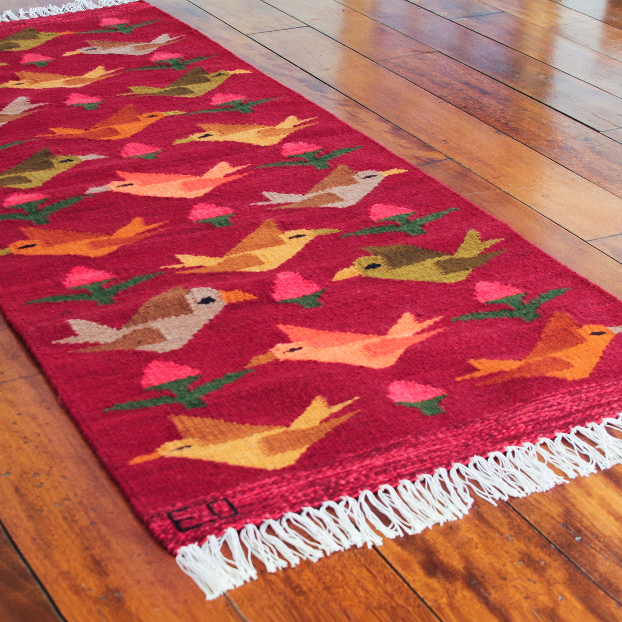 Premium Peruvian Handwoven Red Wool Rug with Birds - Nature-Inspired Art Piece (2x5)