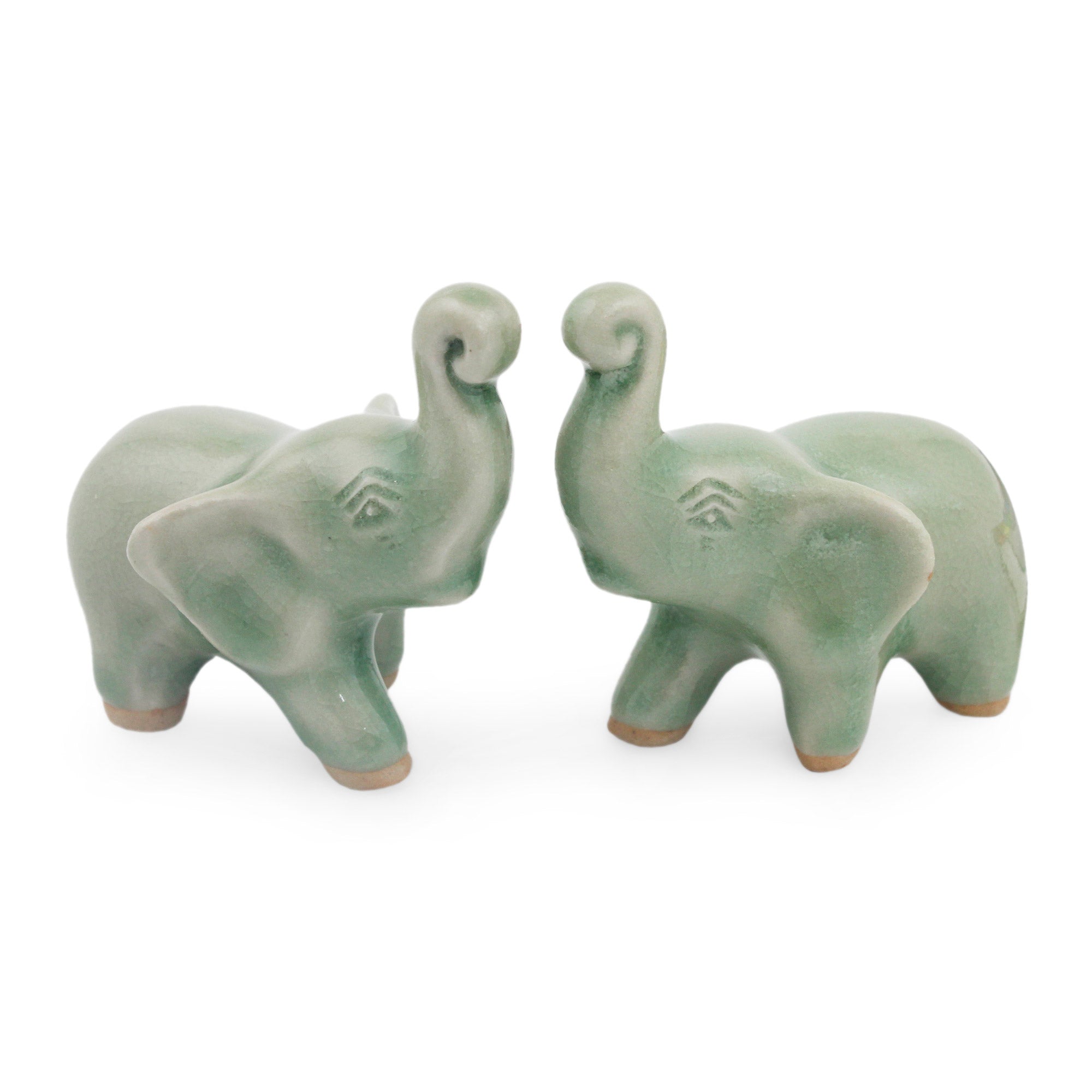 Premium Lucky Green Elephant Ceramic Figurines - Handmade Thai Art