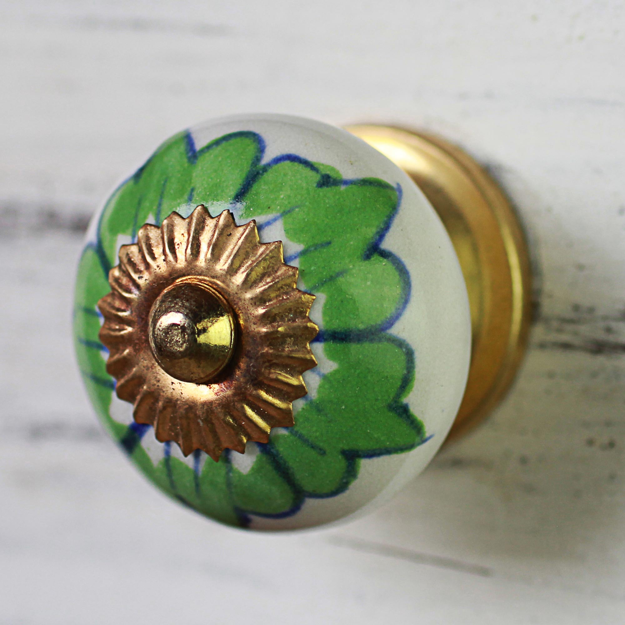 Premium Handcrafted Floral Ceramic Cabinet Knobs - Green & White (Set of 6)