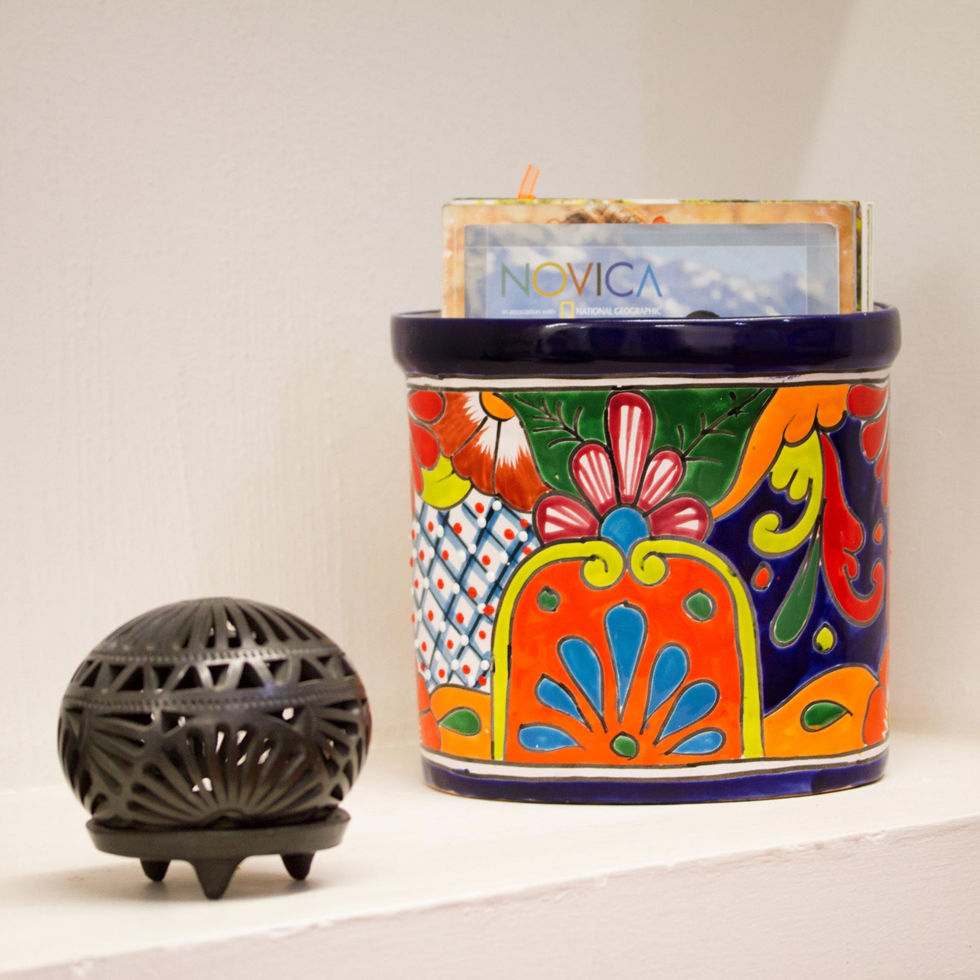 Premium Talavera Floral Ceramic Waste Bin - Handcrafted in Mexico