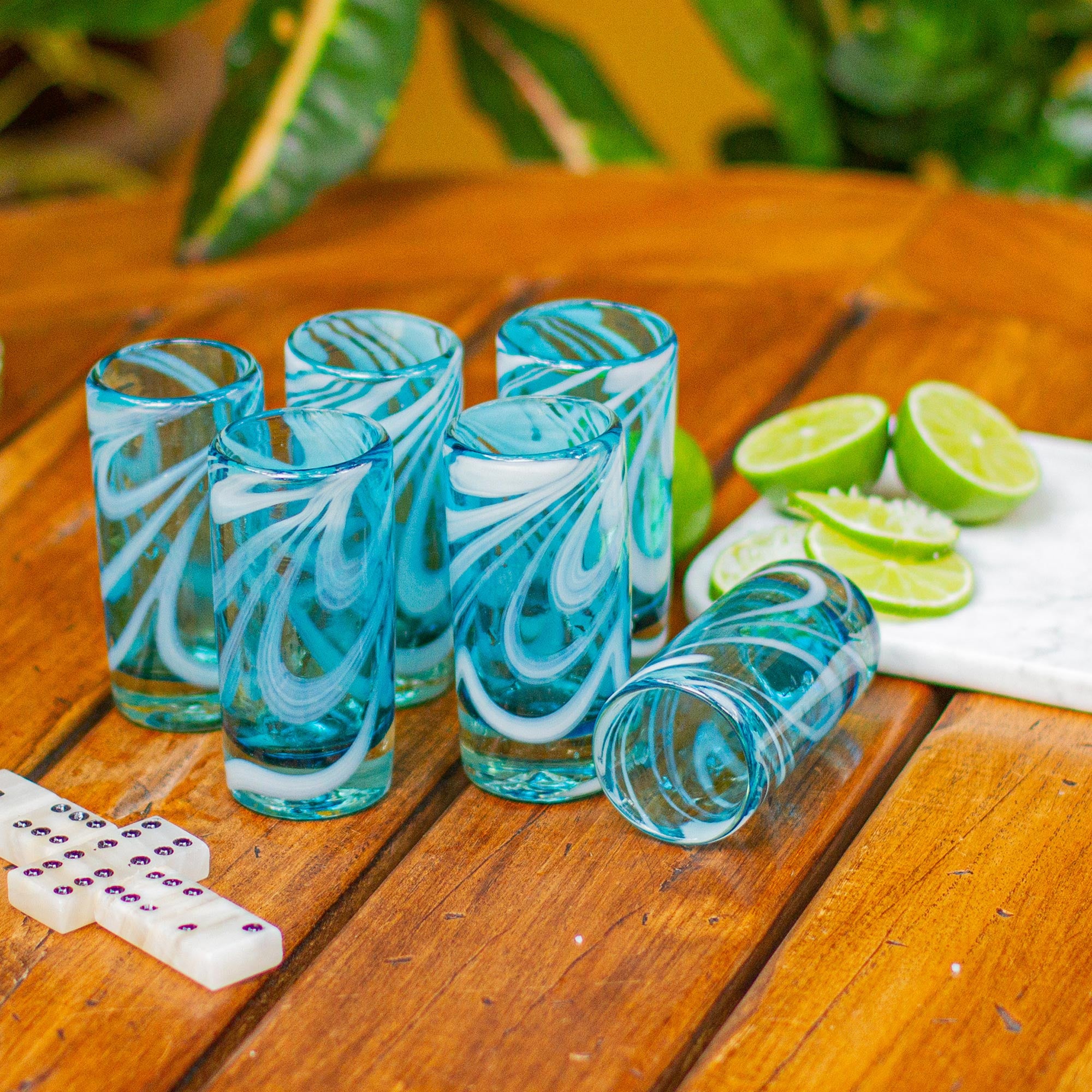 Premium Whirling Aquamarine Hand-Blown Shot Glasses - Set of 6 | Mexican Artisan Craft