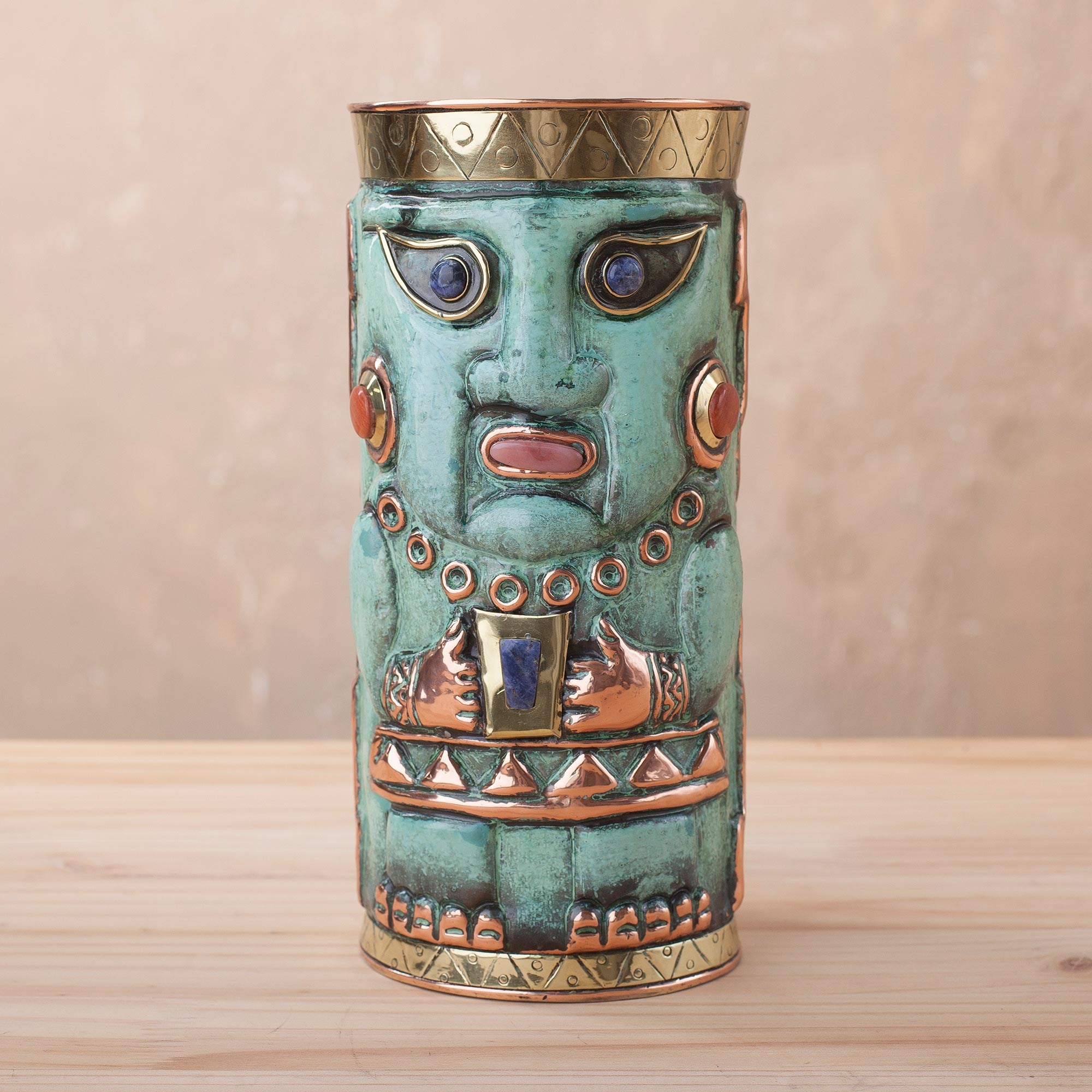 Premium Andean Warrior Gemstone Vase - Handcrafted Copper Art from Peru