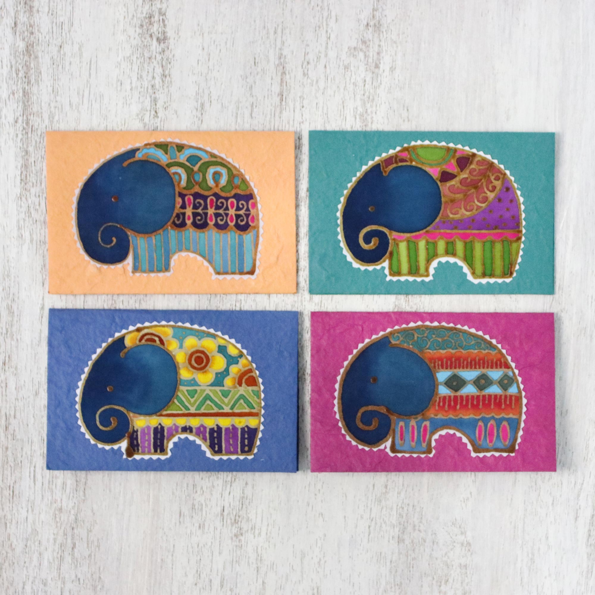 Premium Batik Elephant Greeting Cards - Set of 4 Handcrafted Cotton & Mulberry Paper Designs