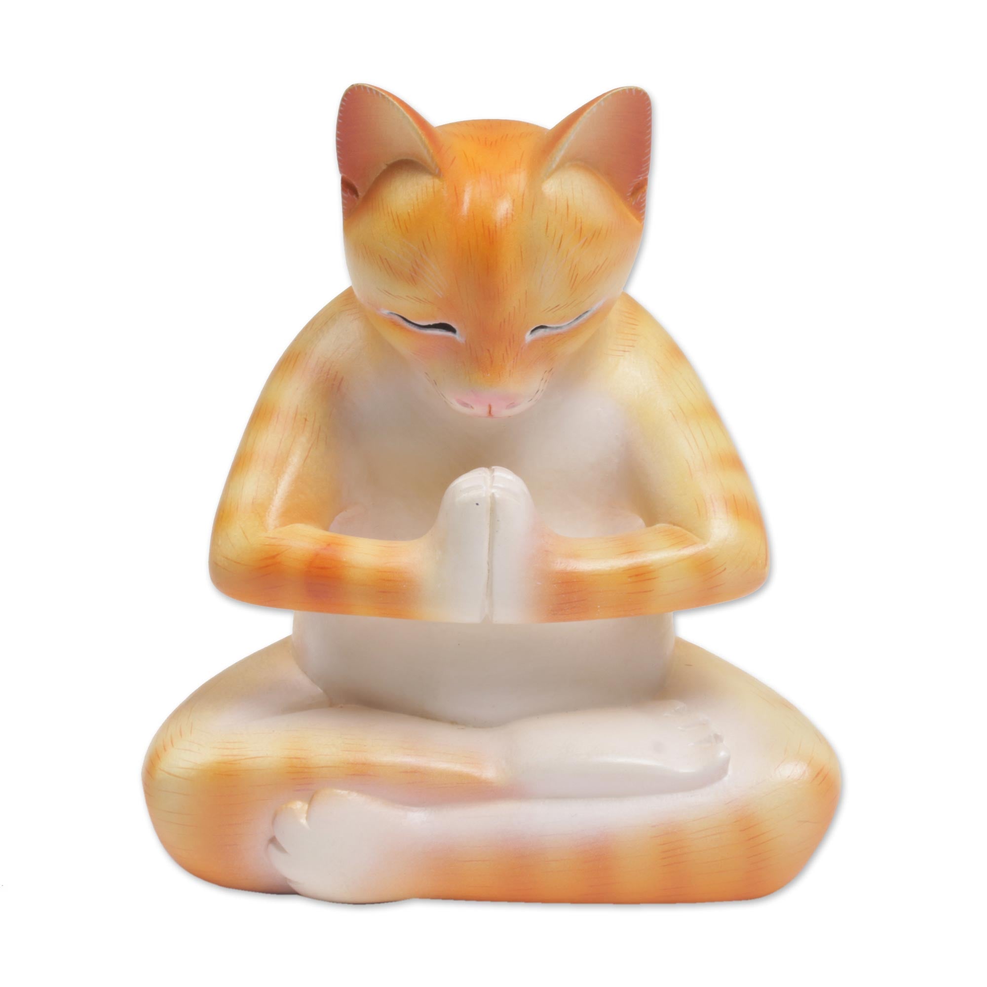 Premium Meditating Kitty Statue - Hand-Carved Suar Wood Cat Sculpture in Orange & White