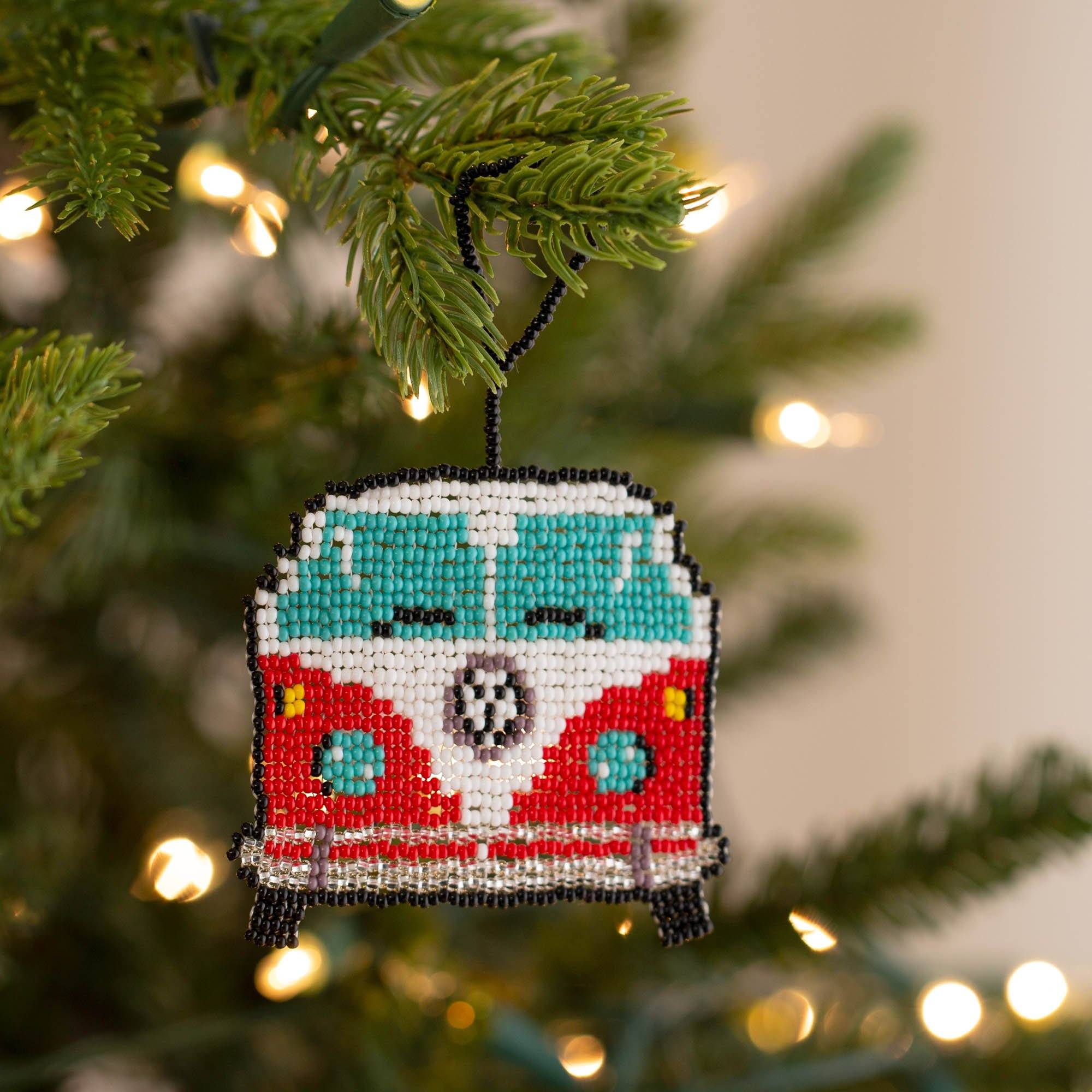 Premium Hippie Van Beaded Ornament - Retro Style