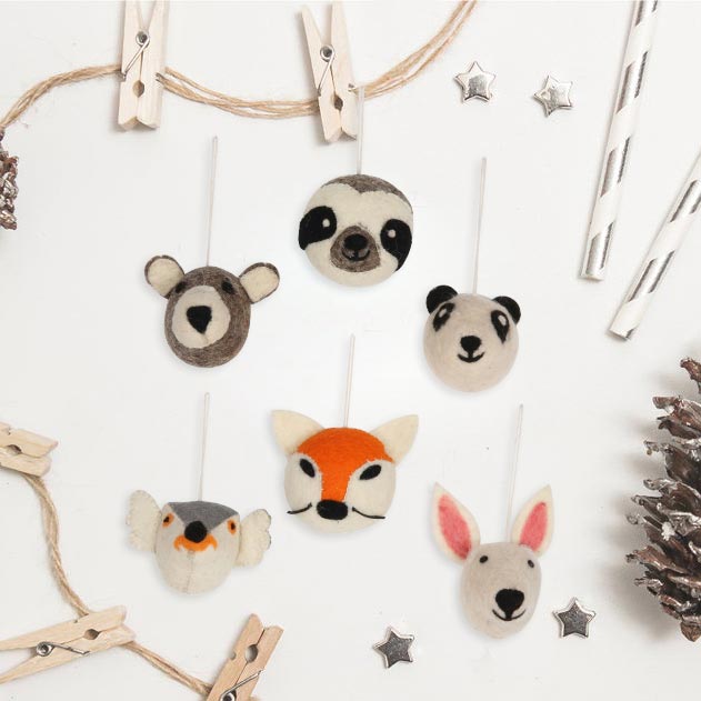 Premium Handcrafted Animal Face Wool Felt Ornaments - Set of 6 (Happy Animals Collection)