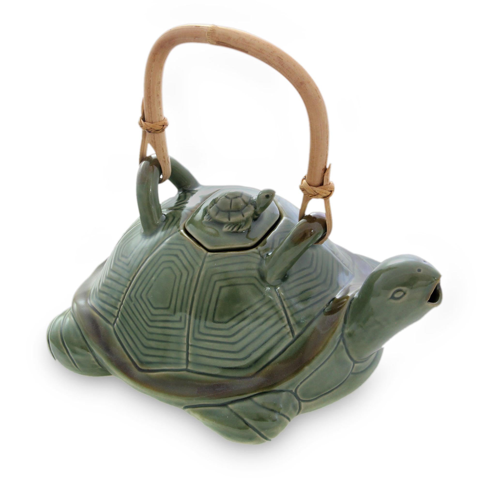 Premium Mother Sea Turtle Green Ceramic Teapot with Rattan Handle - Upgrade Your Tea Ritual