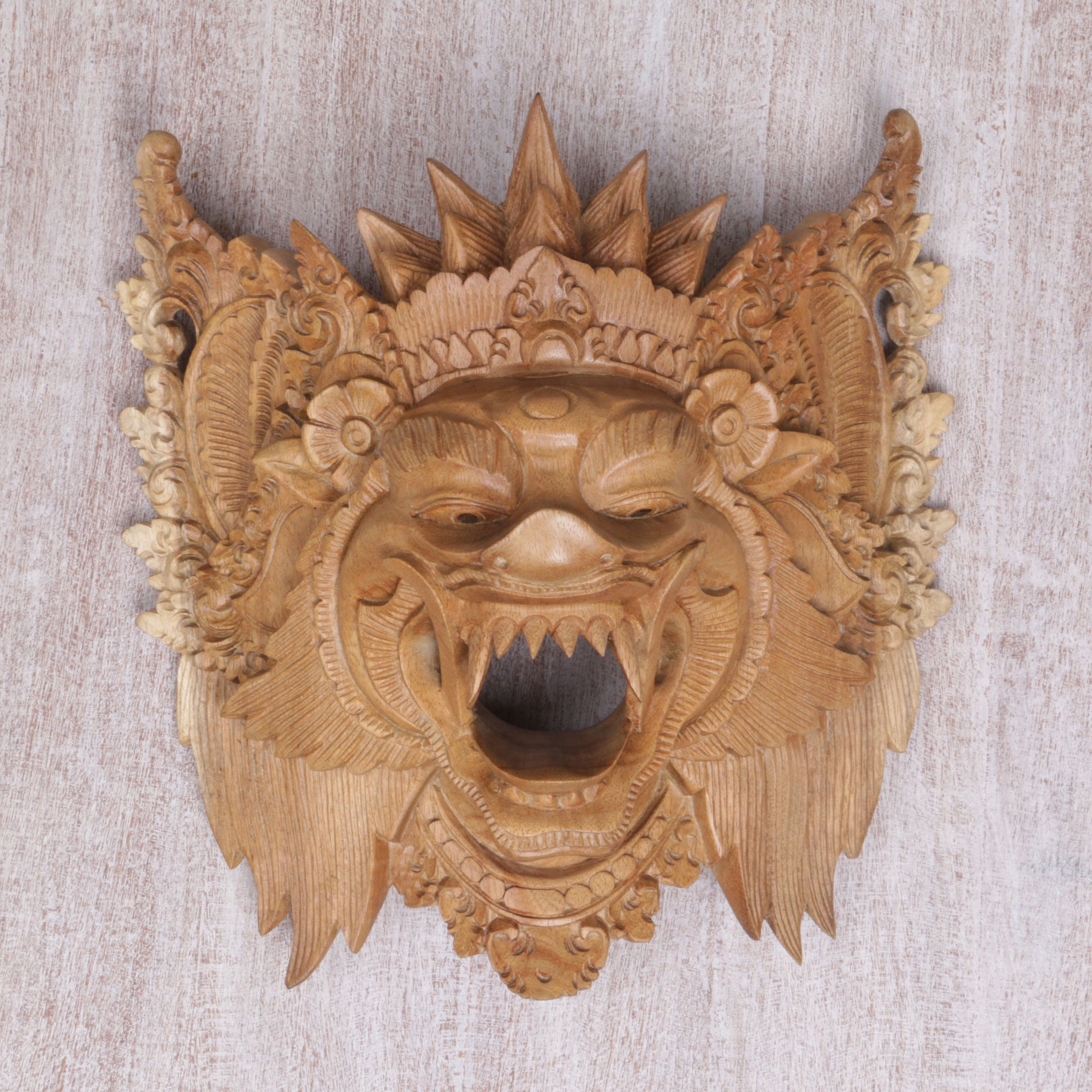Premium Hand-Carved Acacia Wood Barong Bangkal Mask - Ultimate Balinese Wall Art