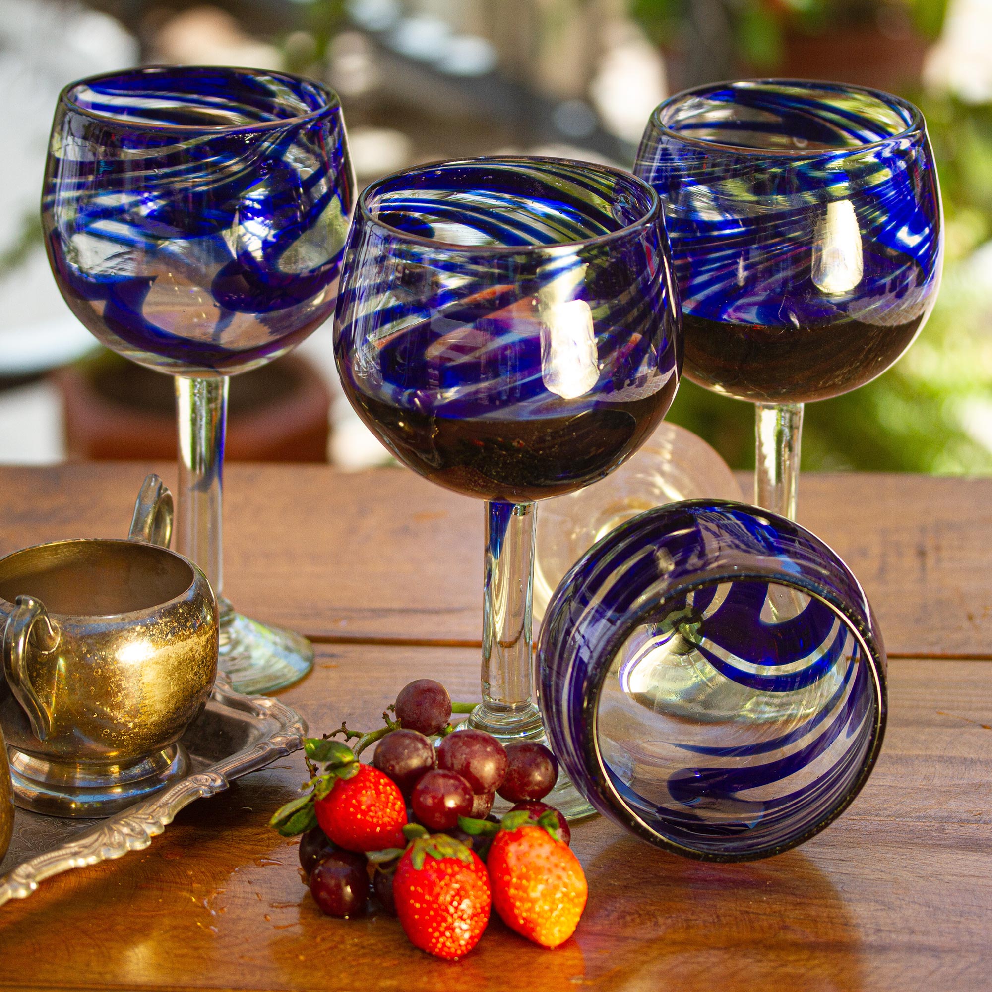 Premium Handblown Recycled Glass Striped Wine Goblets - Set of 6