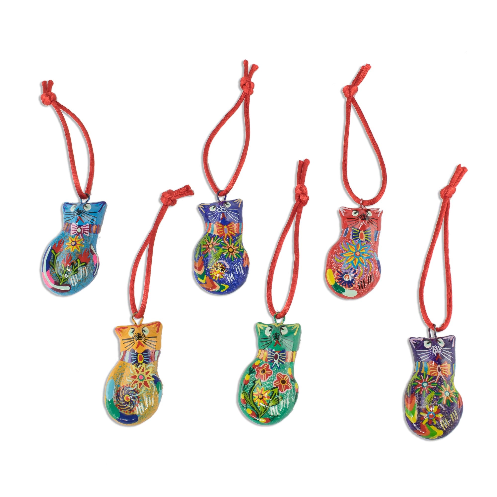 Premium Hand-Painted Festive Cat Ornaments - Set of 6 | Unique Holiday Decor