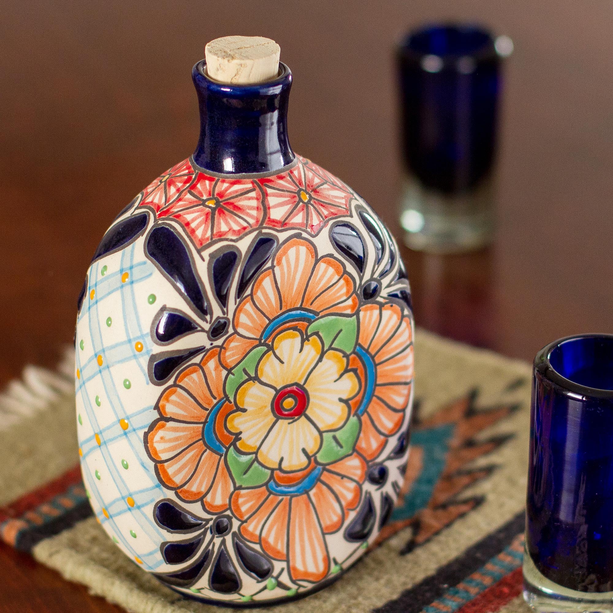 Premium Talavera Style Ceramic Tequila Decanter with Floral Motif