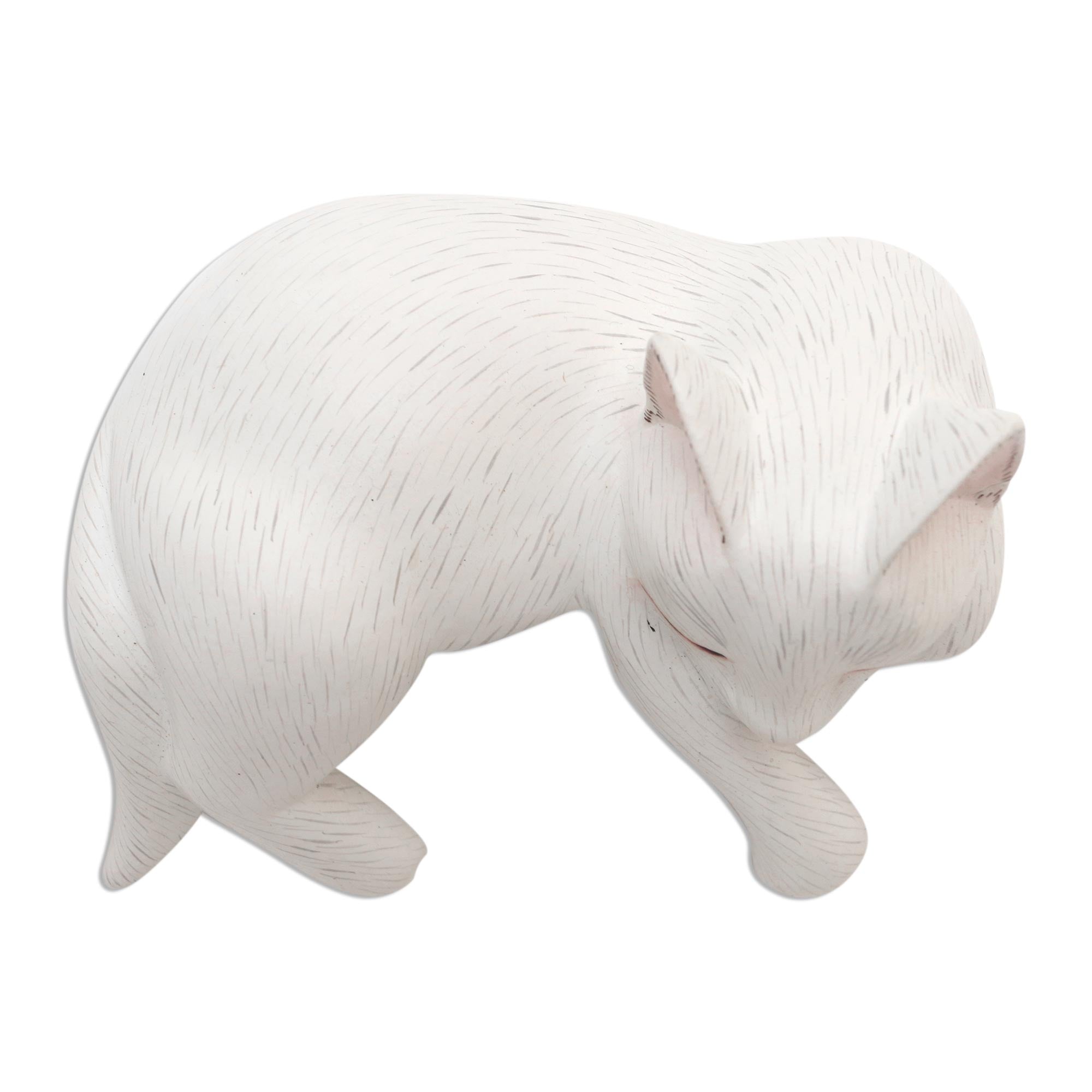 Premium Hand-Carved Suar Wood Cat Statue: White Lounging Cat