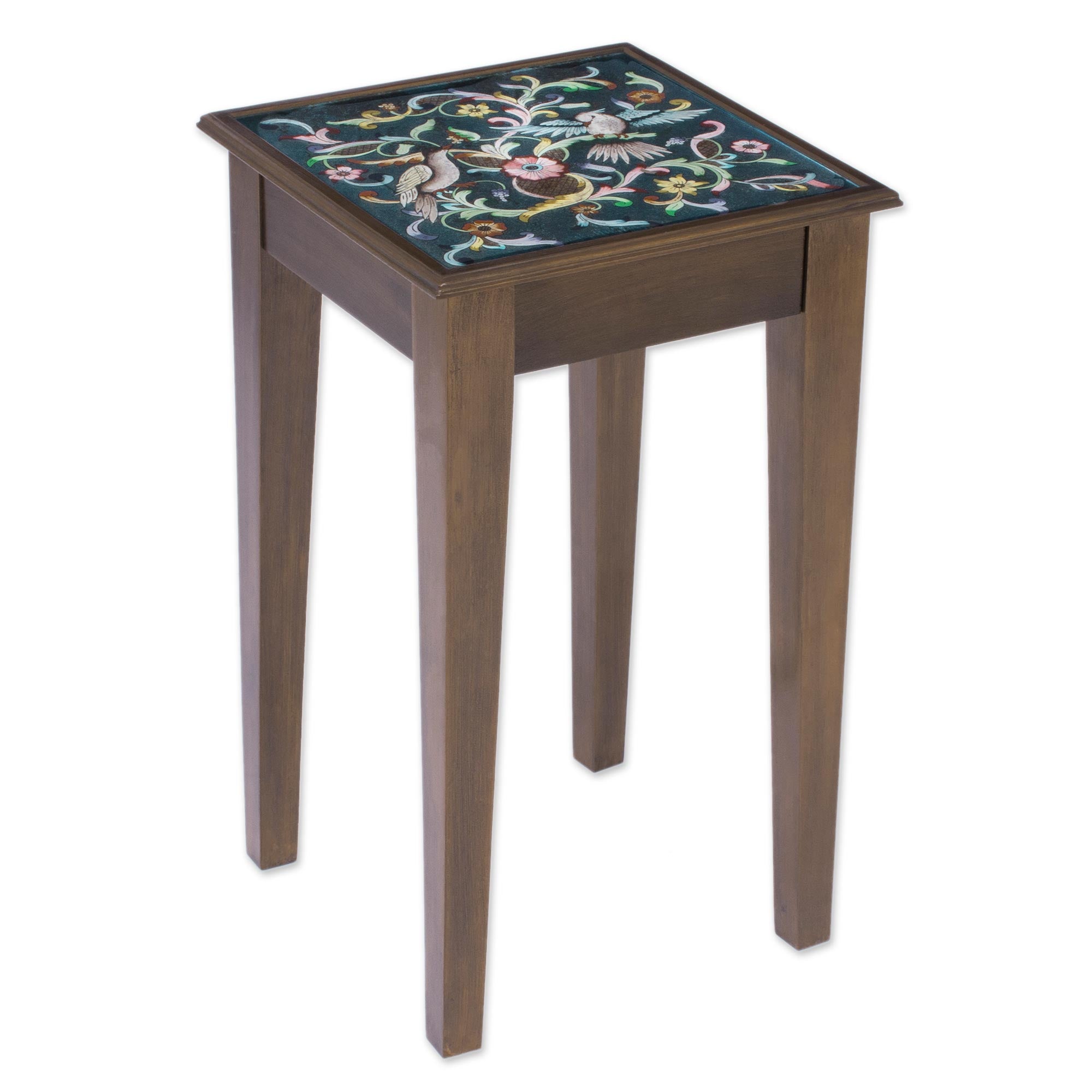 Premium Hand-Painted Glass & Cedar Wood Accent Table - 'Birds in the Heavens'