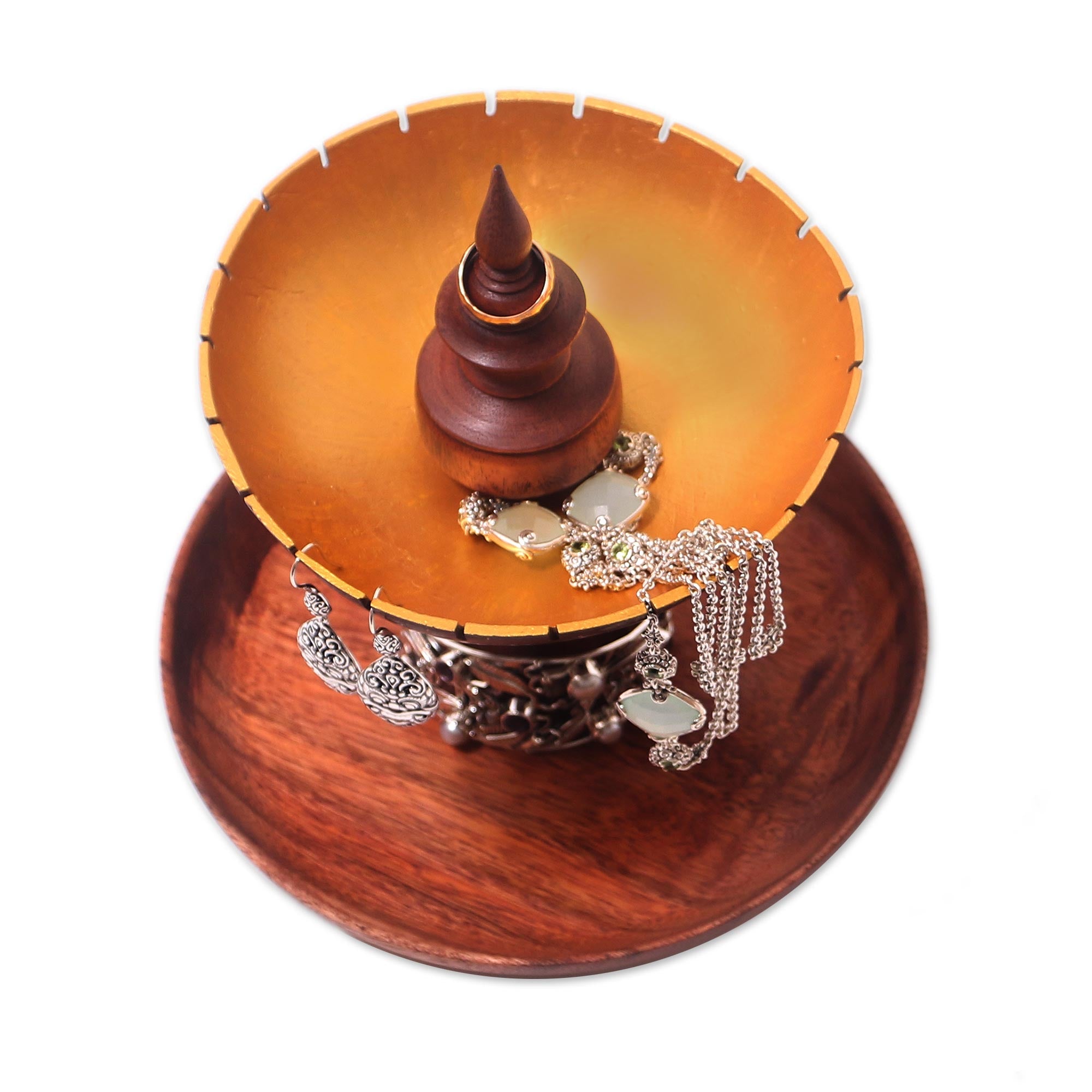 Premium Golden Fountain Jewelry Stand - Handcrafted Suar Wood & Coconut Shell from Bali