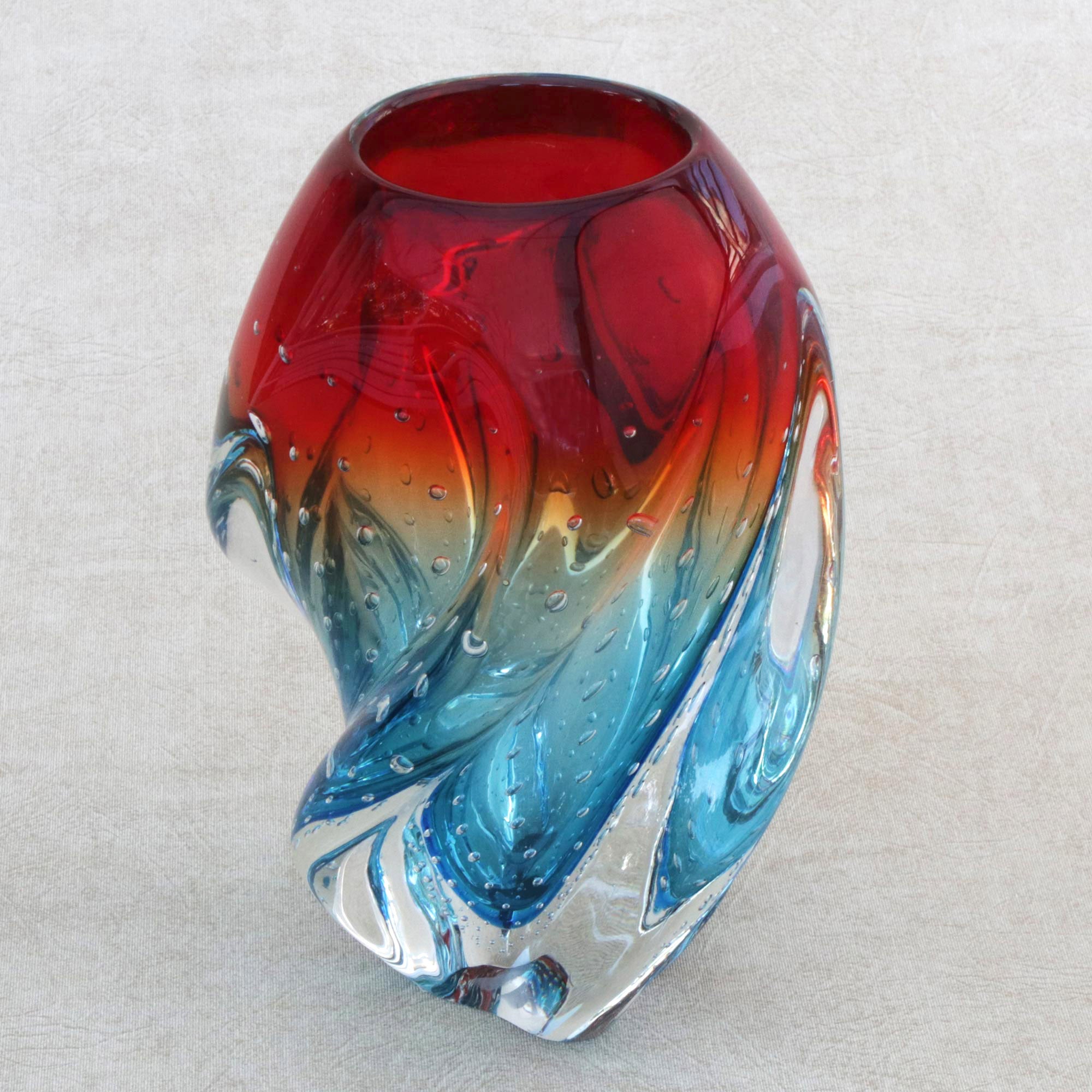 Premium Handblown Art Glass Vase - Blue and Red Twist from Brazil
