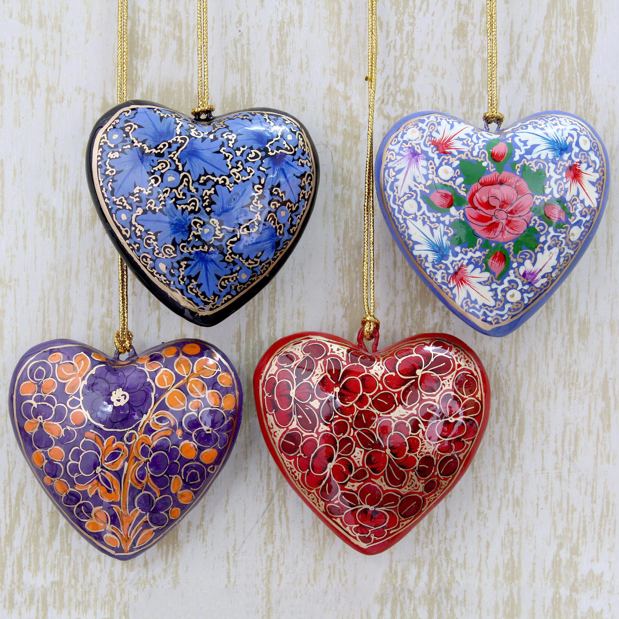 Premium Handcrafted Bouquet of Hearts: 4 Artisan Papier Mache Ornaments with Floral Designs