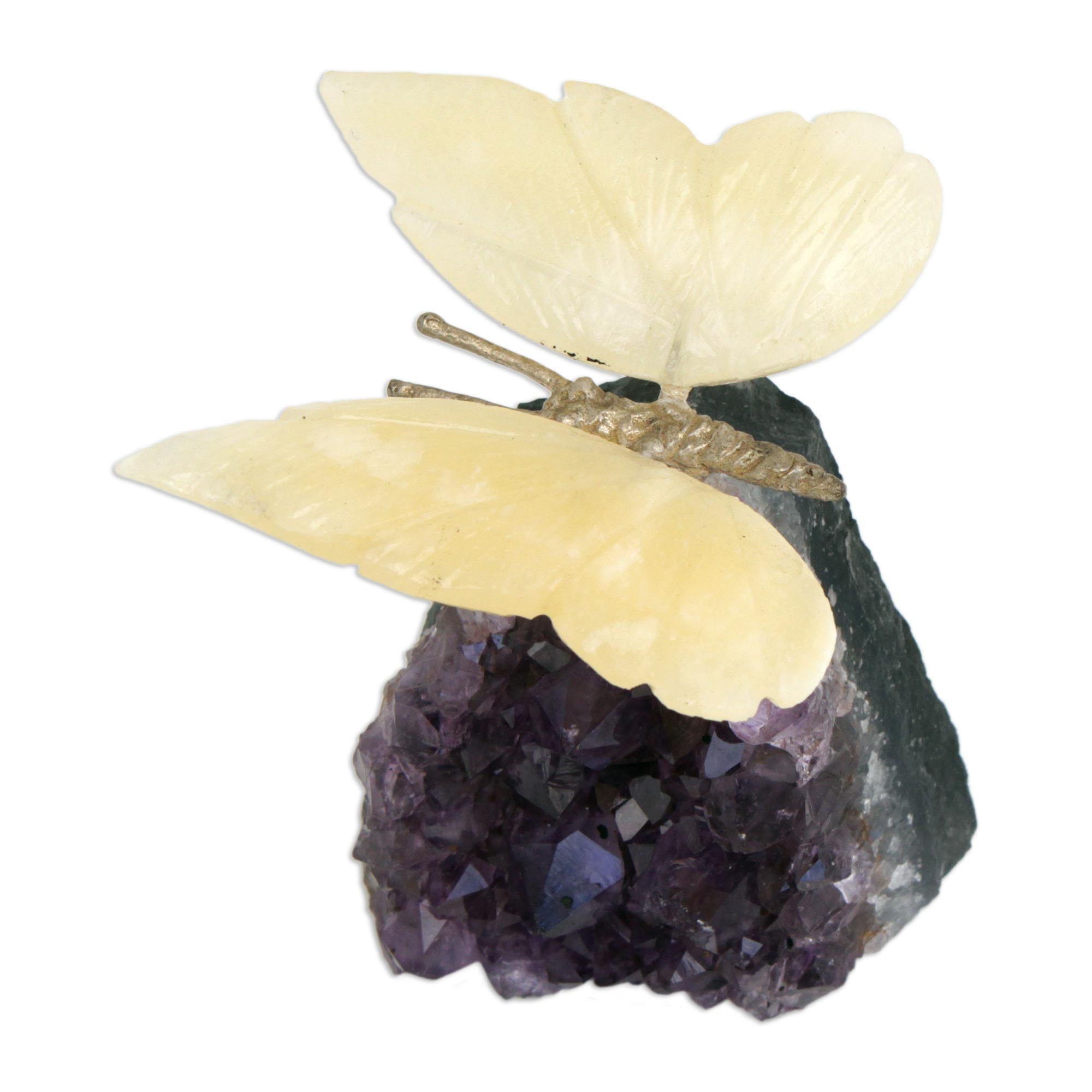 Premium Honey Calcite & Amethyst Butterfly Sculpture - Handcrafted Gemstone Art