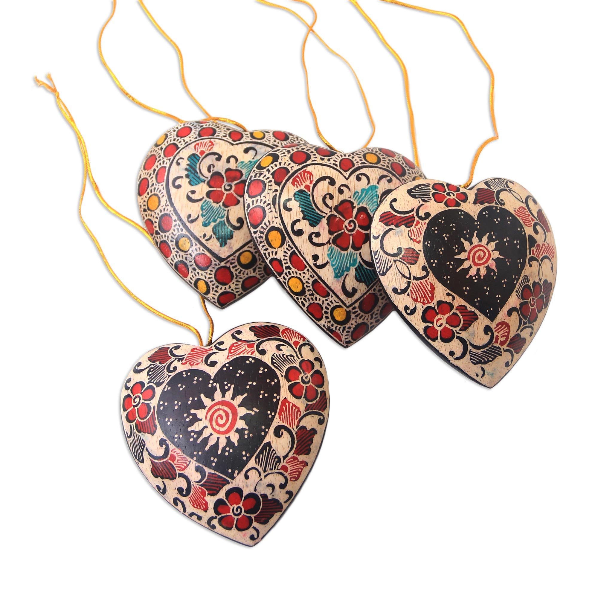 Premium Handcrafted Heart Ornaments: Floral Batik Wood Set of 4 from Java