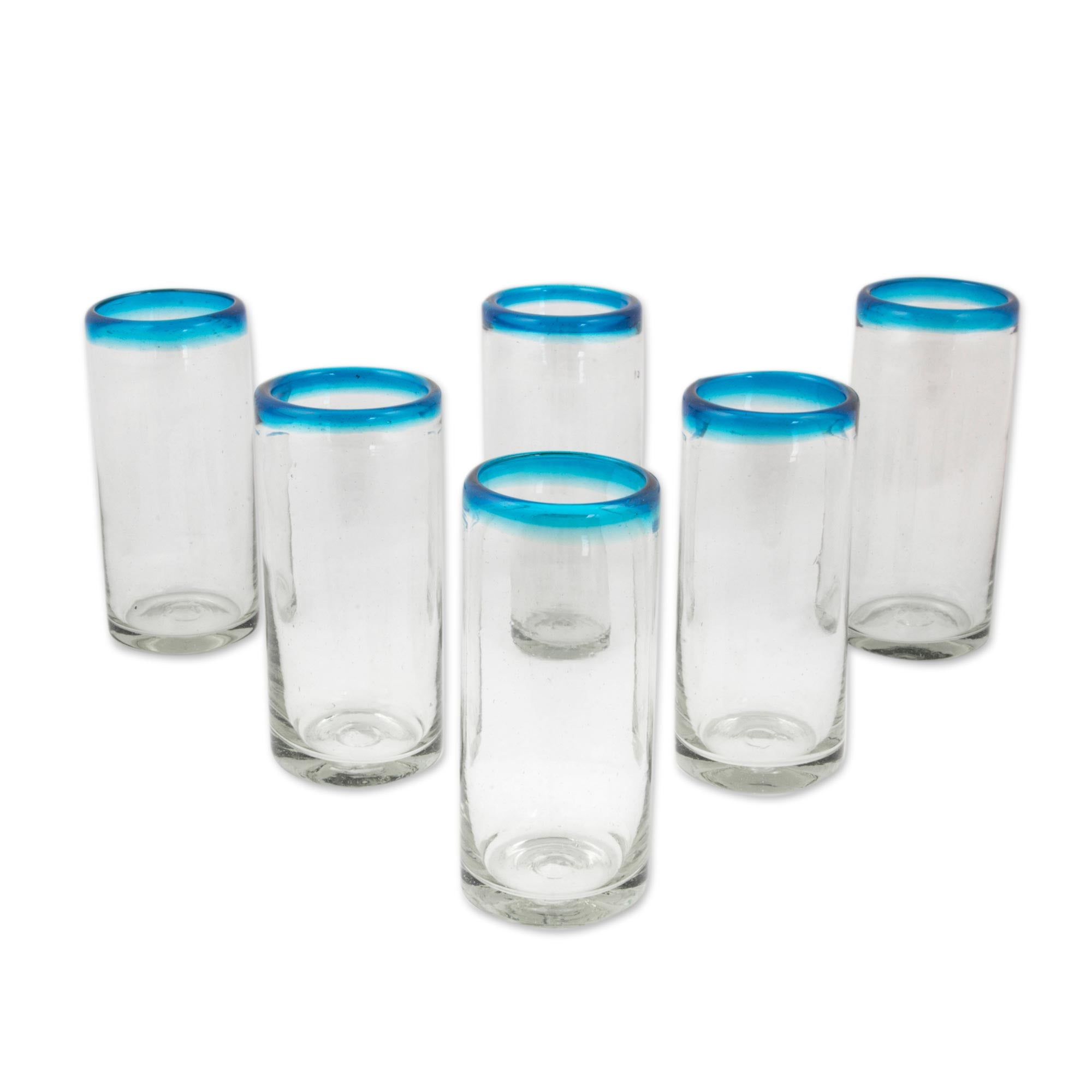 Premium Aquamarine Kiss Set - Hand Blown Aqua Rim Highball Glasses (Set of 6)