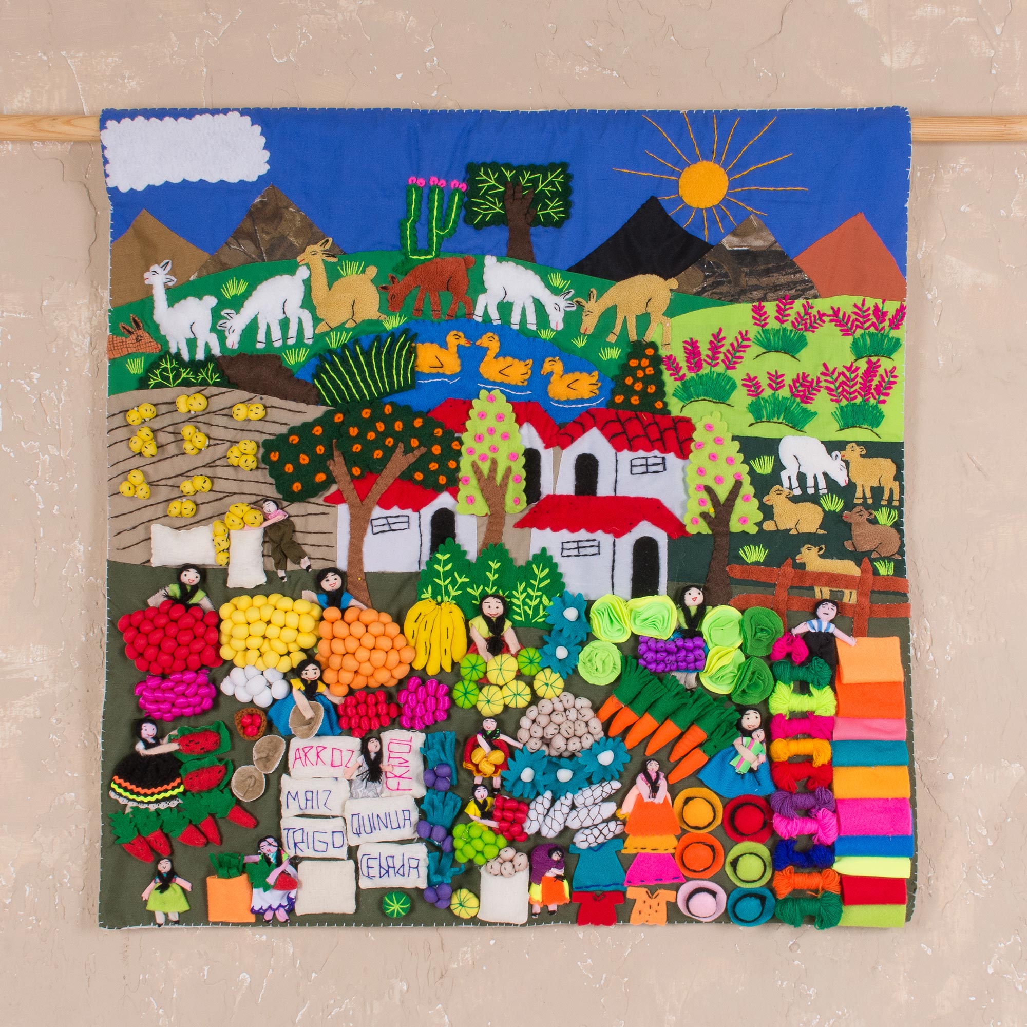 Premium Andean Folk Art Cotton Wall Hanging - Street Market Scene