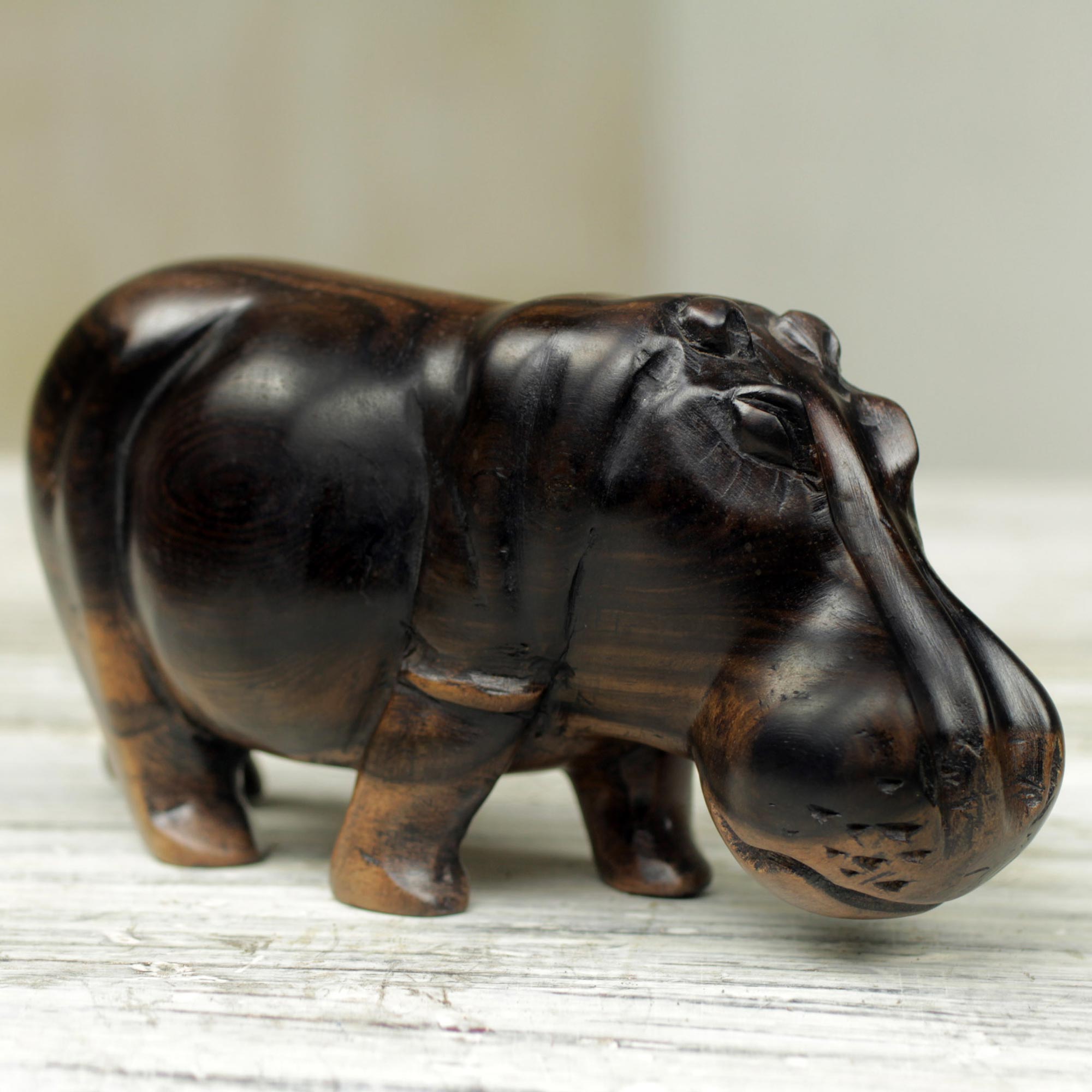 Premium Hand-Carved Teak Wood Hippo Sculpture from Ghana – Majestic Artisan Craft
