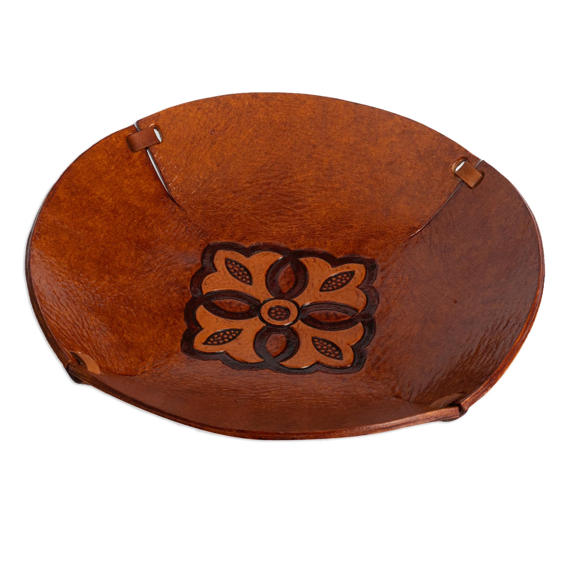 Premium Colonial Florals Brown Leather Catchall Plate - Handcrafted in Peru