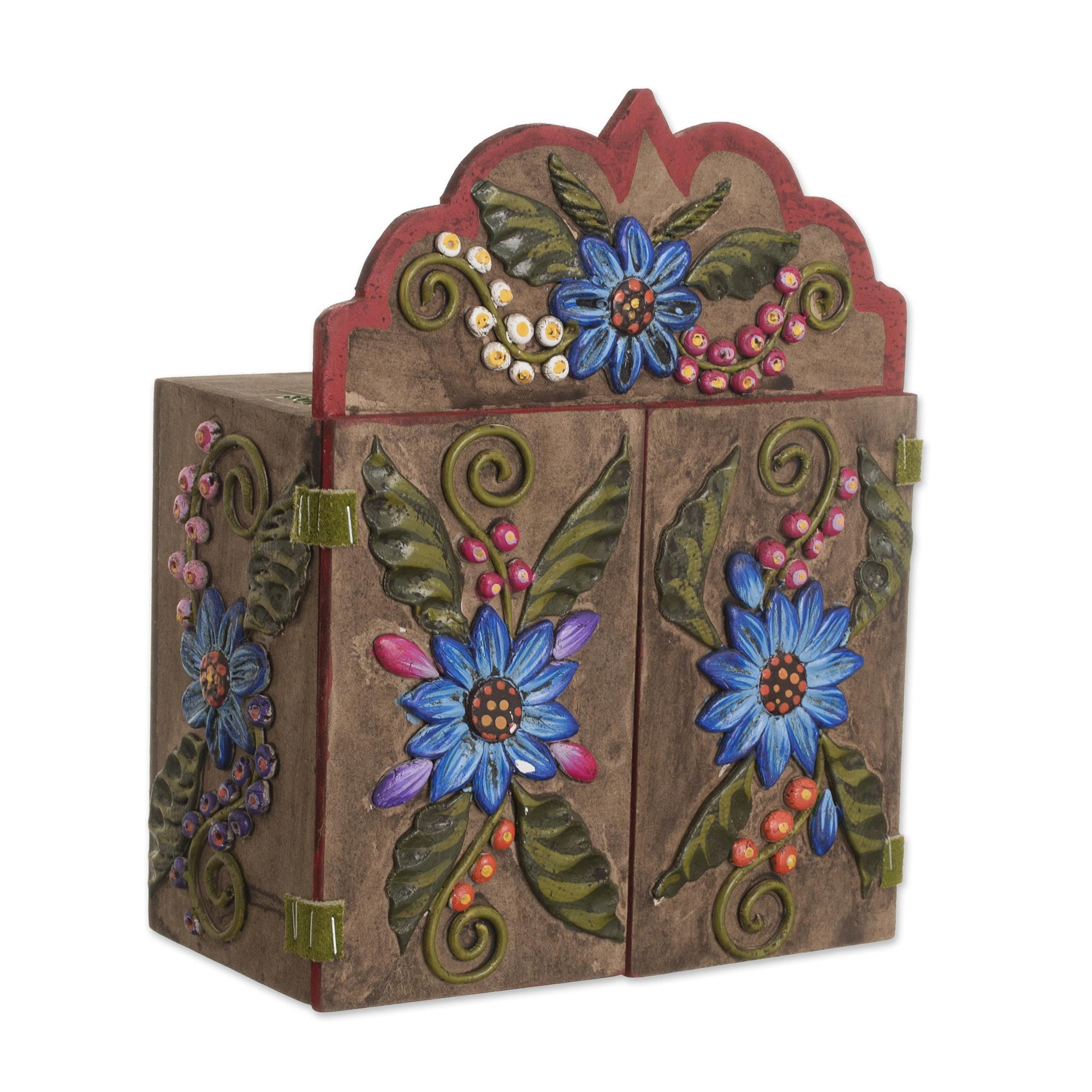 Premium Floral Retablo Art Piece – Handcrafted Wood & Ceramic Decor from Peru