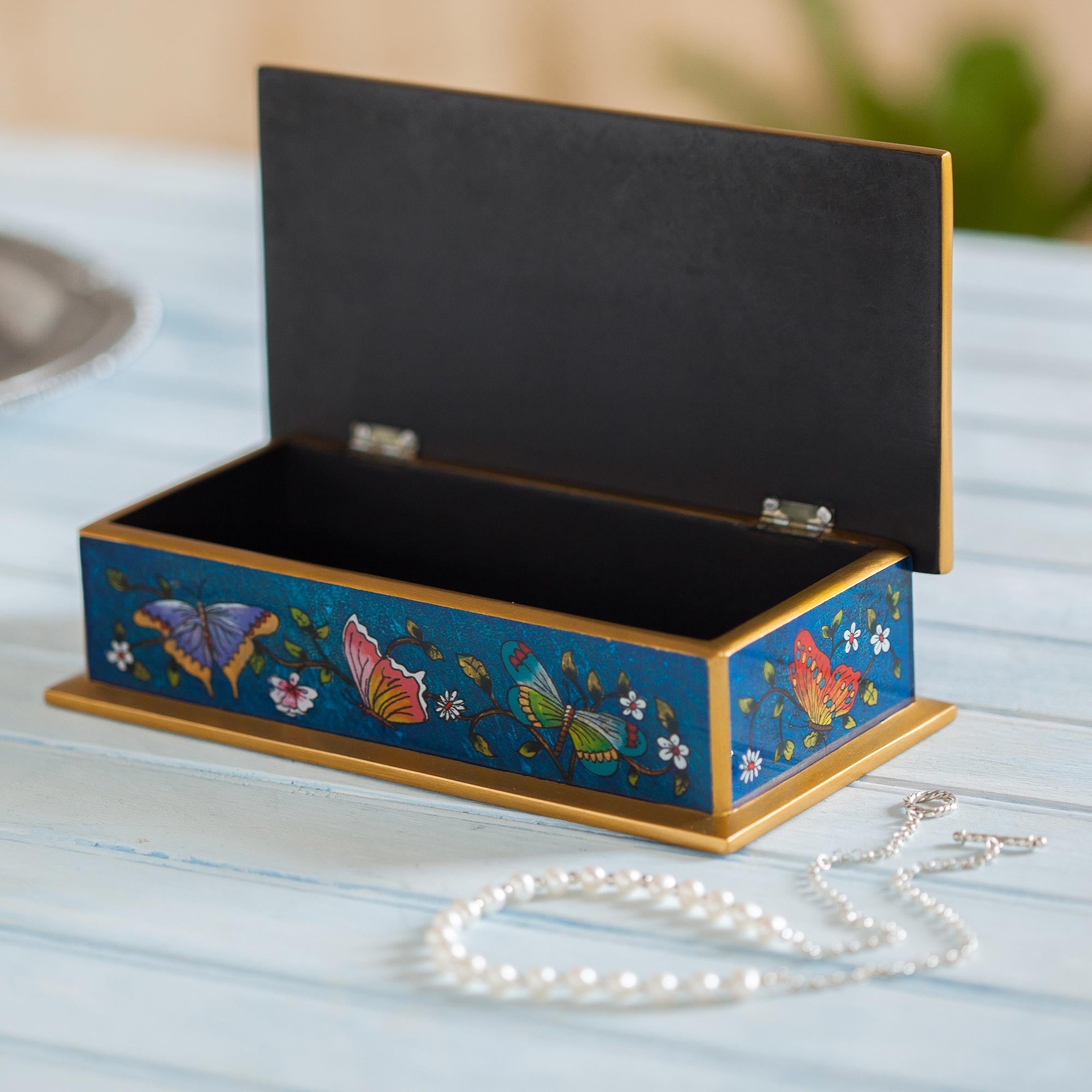 Premium Handcrafted Cyan Butterfly Jubilee Box - Fair Trade Artisan Treasure