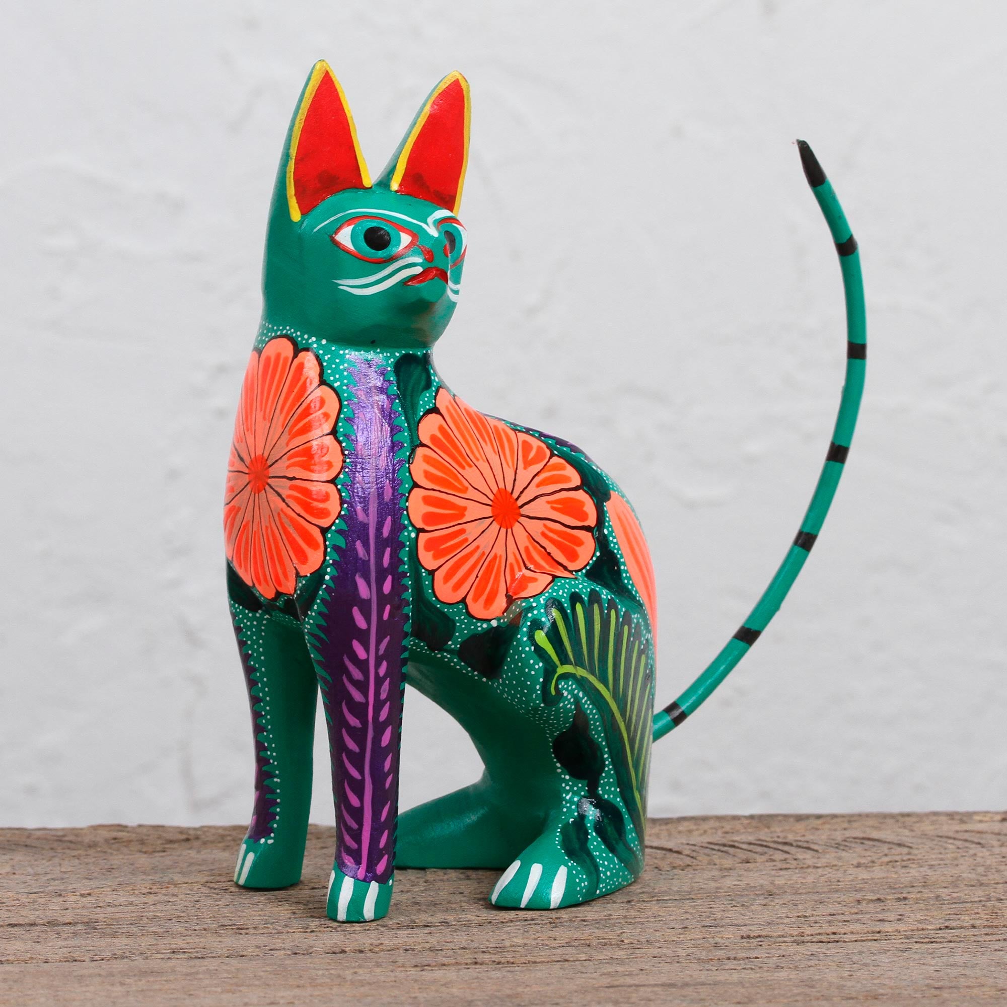 Premium Handcrafted Floral Alebrije Cat Figurine - Authentic Mexican Artisan Craft