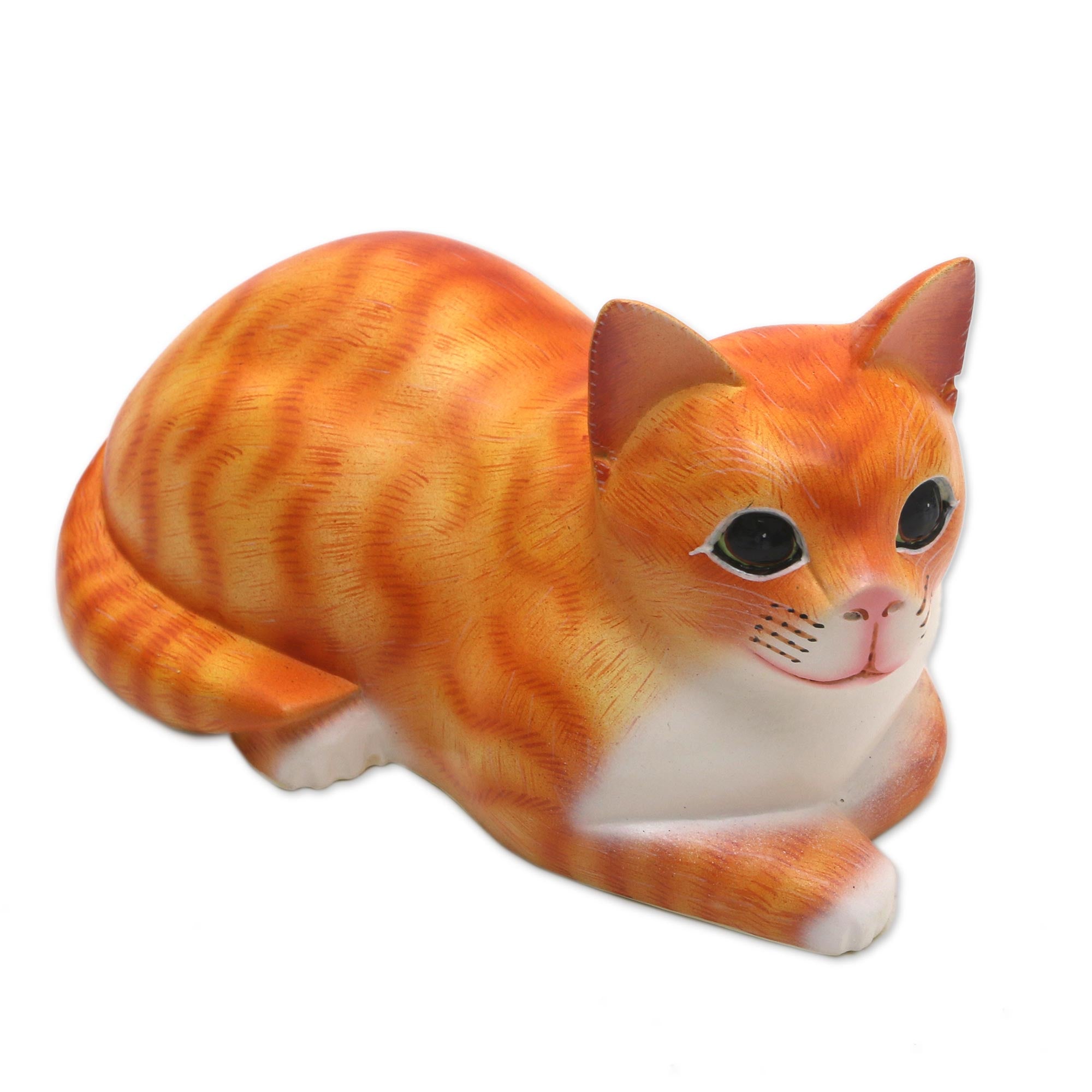 Premium Hand-Carved Orange Lying Cat Sculpture - Signed Balinese Art Piece