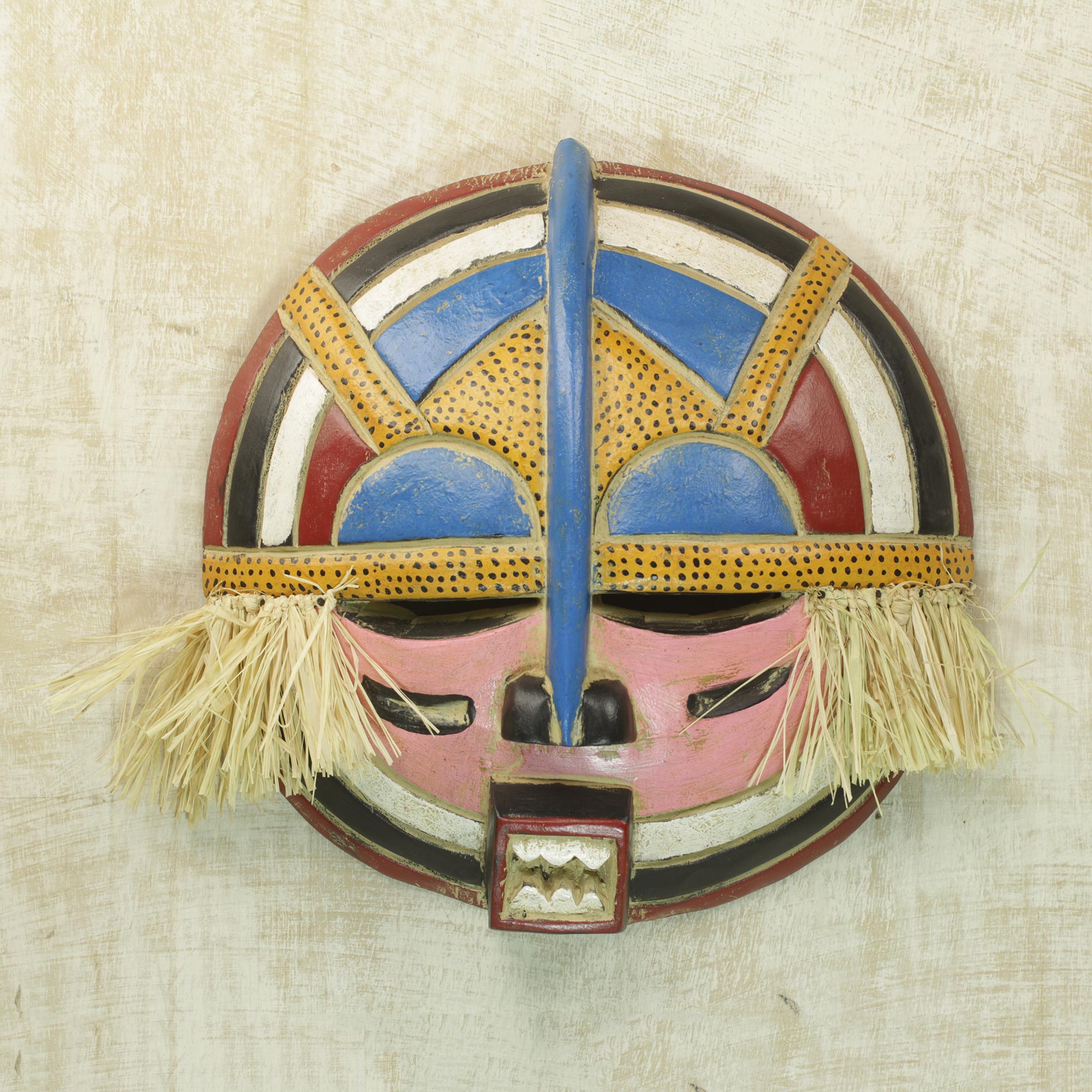 Premium Hand-Carved Yoruba Adenike Mask - Rubberwood & Raffia Wall Decor