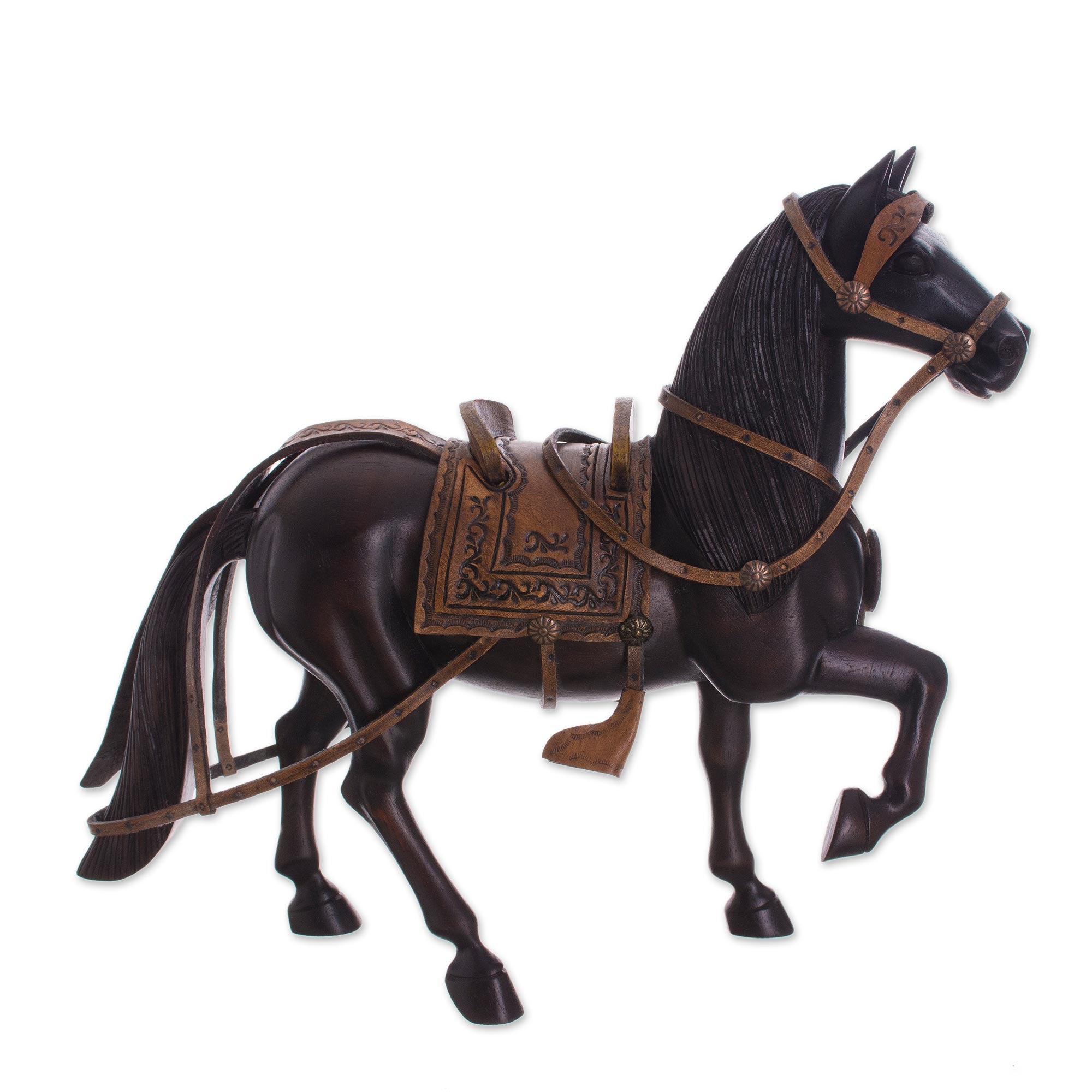 Premium Peruvian Paso Horse Sculpture in Cedar Wood & Leather (11.5 in.)