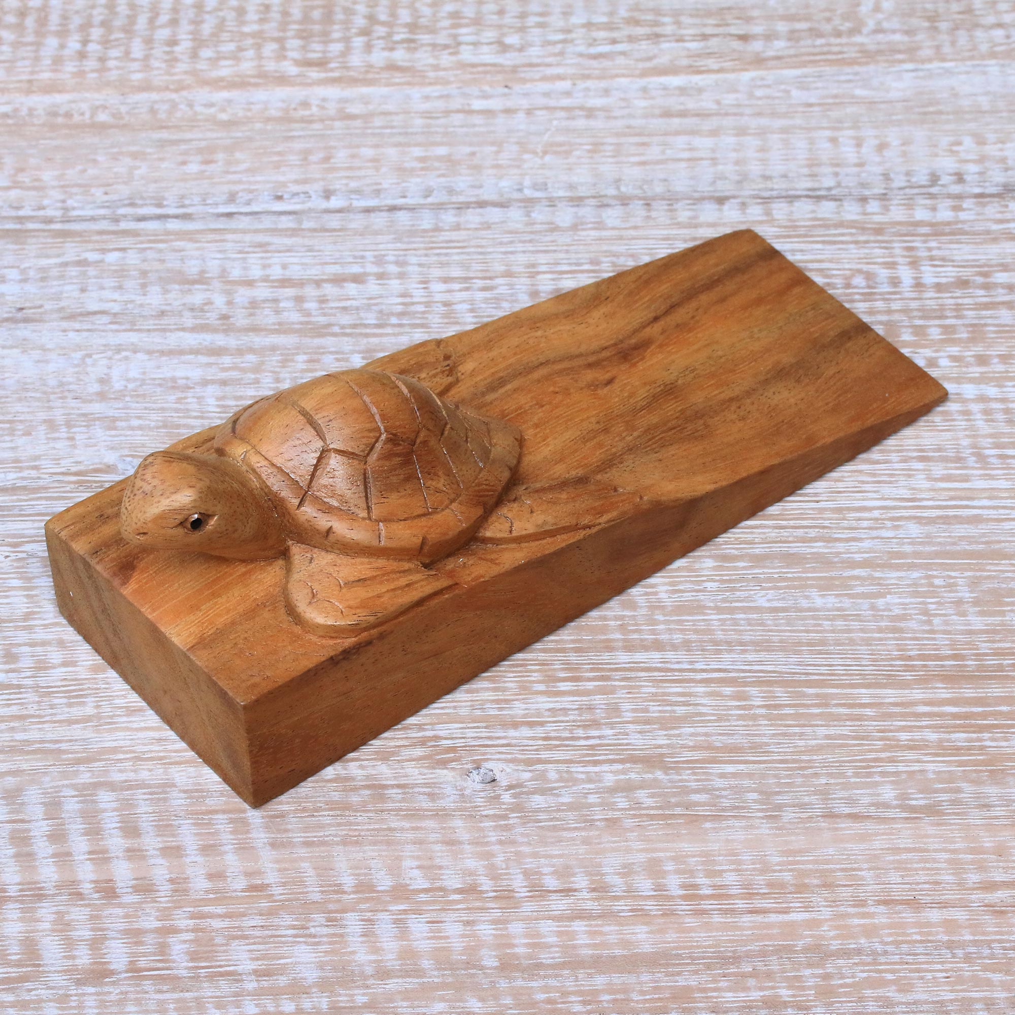Premium Hand-Carved Baby Turtle Wooden Door Stopper
