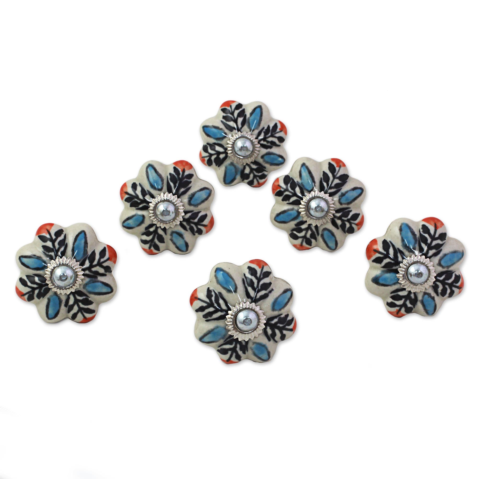 Premium Multicolored Floral Ceramic Cabinet Knobs - Handcrafted in India (Set of 6)