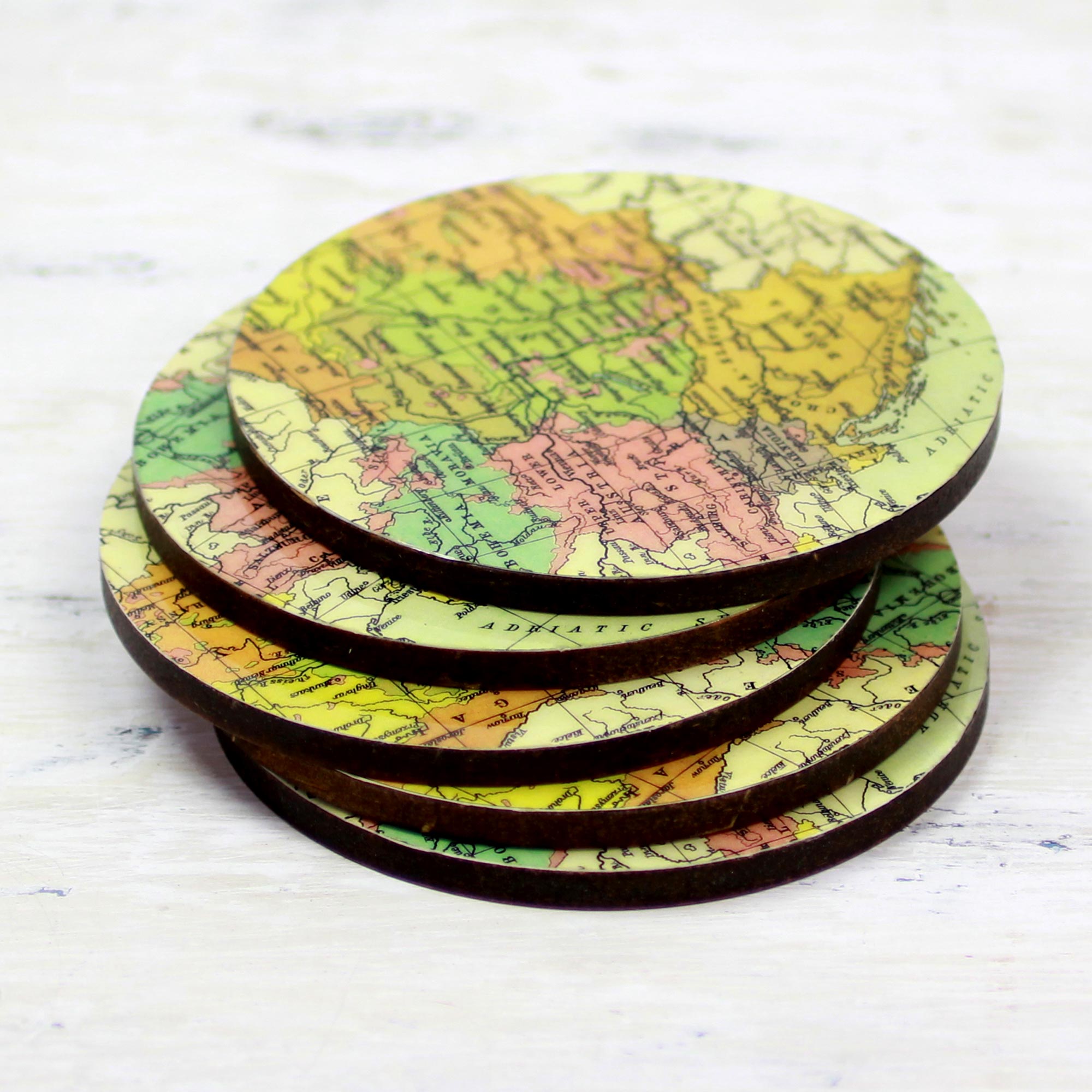 Premium Round Wooden World Map Coasters Set of 5 - Handcrafted in India