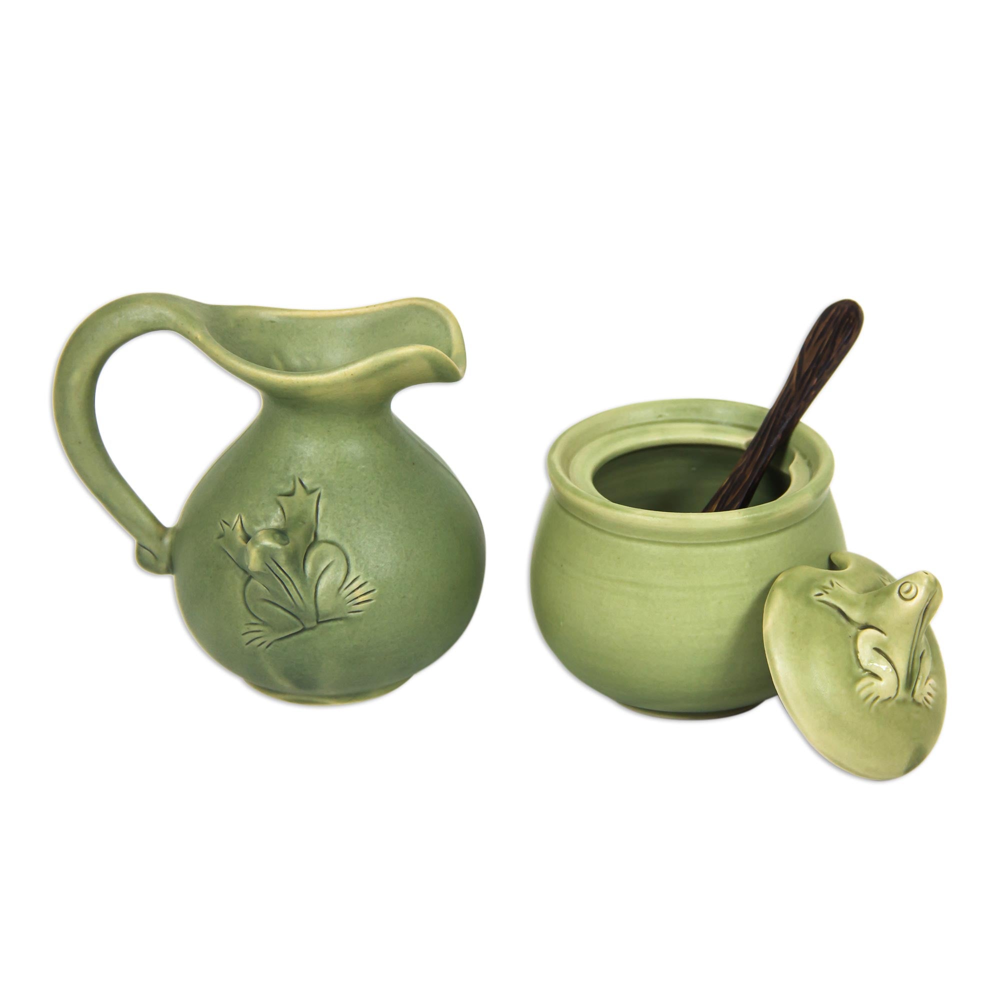 Premium Fair Trade Ceramic Sugar Bowl and Creamer Set with Exotic Frog Design
