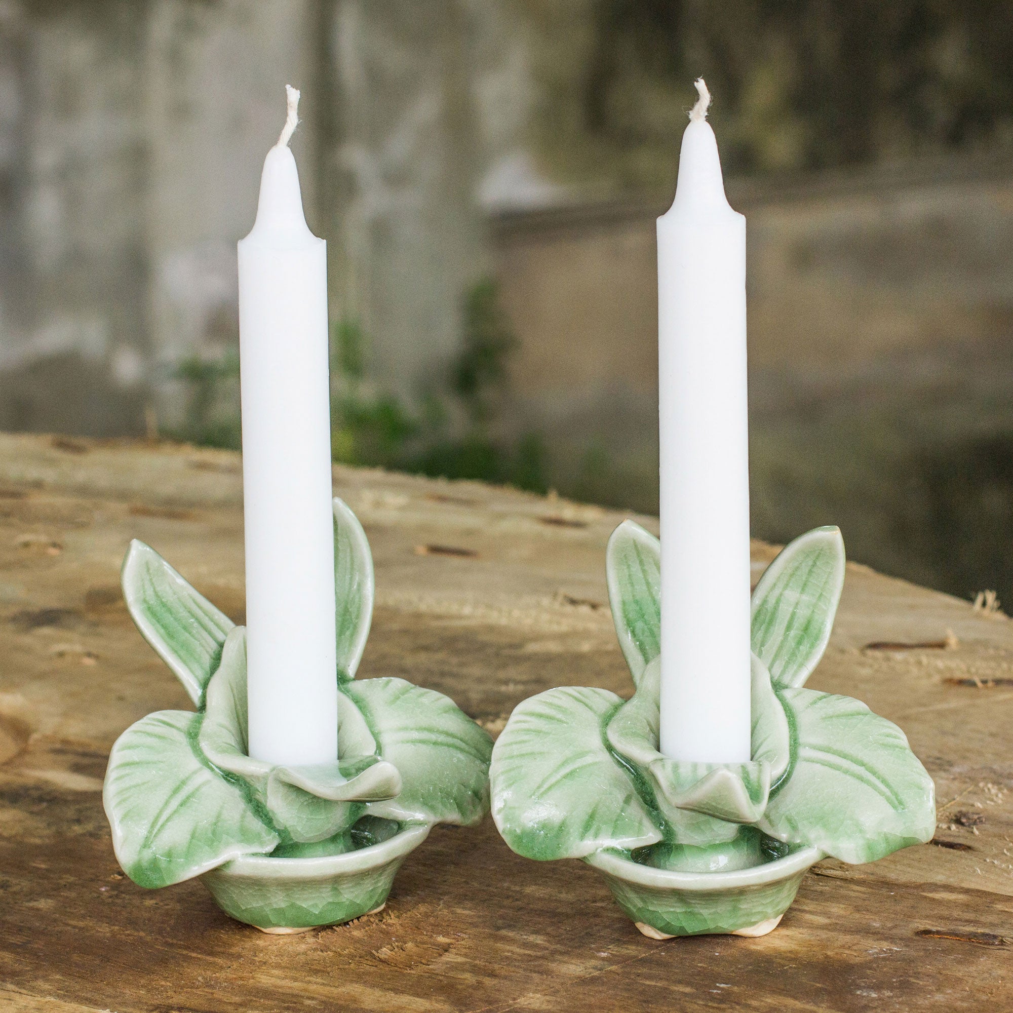 Premium Thai Jade Orchids Celadon Ceramic Candle Holders - Elegant Pair