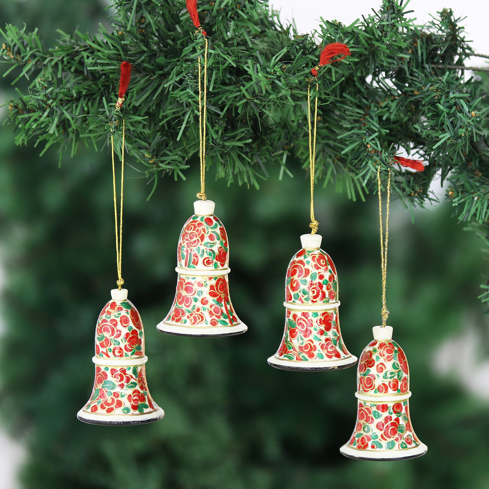 Premium Handmade Kashmir Bells - Set of 4 Unique Papier Mache Ornaments from India