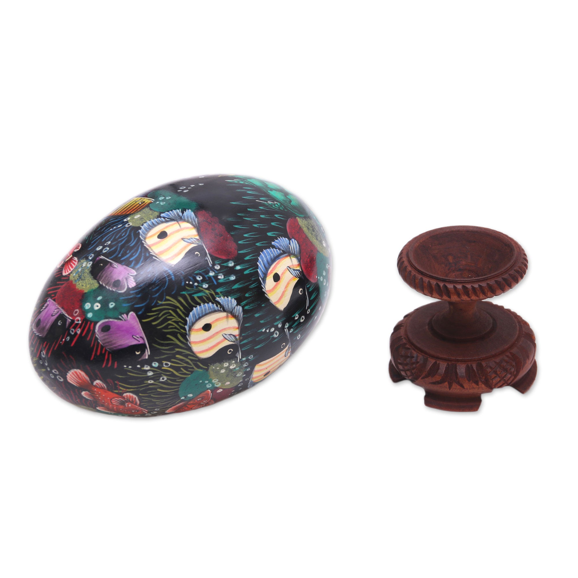 Premium Hand-Painted Reef Fish Wooden Egg Statuette – Bali Artisan Crafted