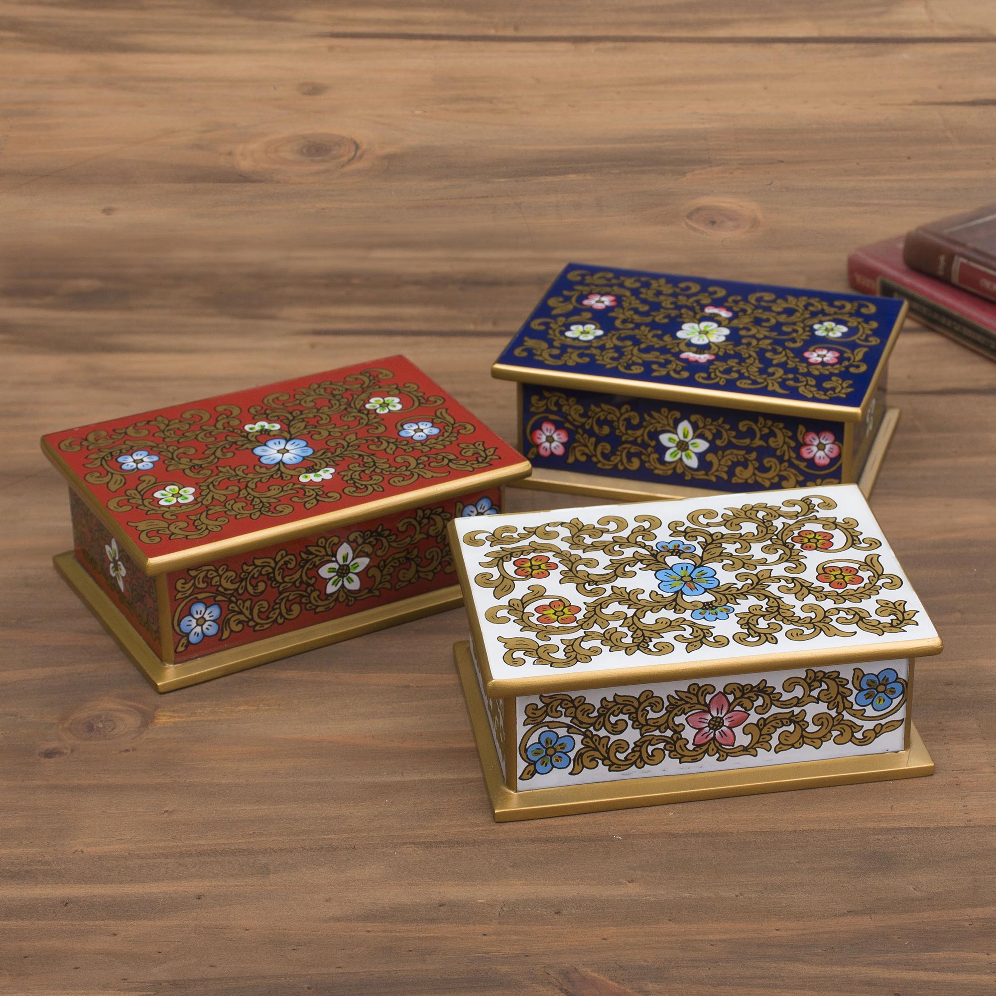 Premium Red White & Blue Handcrafted Wood & Glass Decorative Box Set