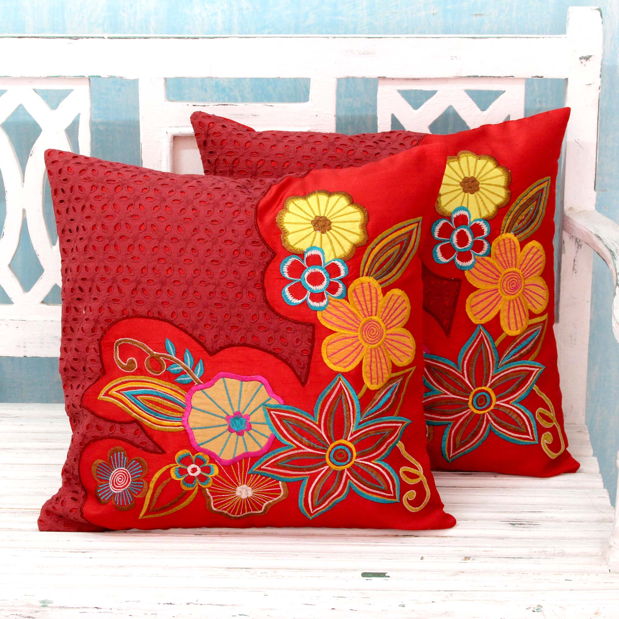 Premium Red Romance Floral Embroidered Cushion Covers - Luxurious Pair