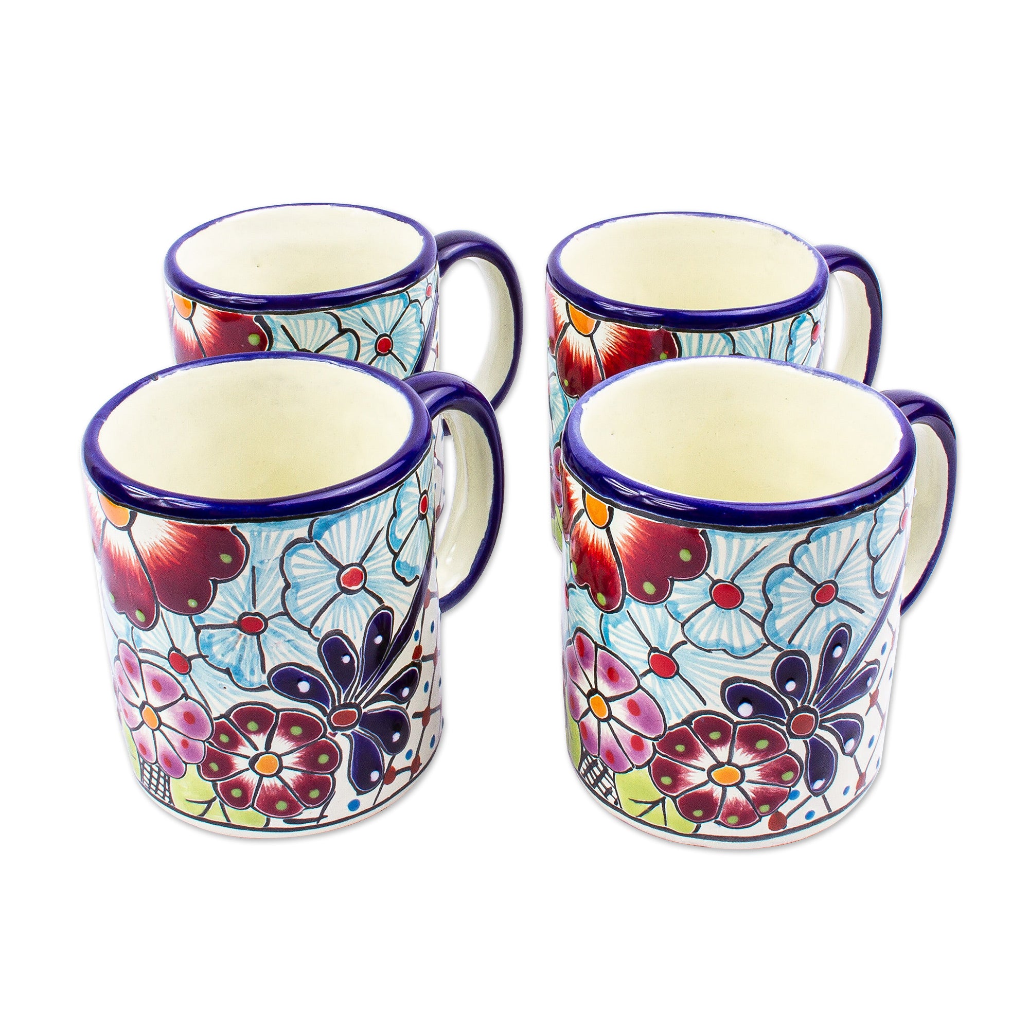 Premium Talavera-Style Multicolored Ceramic Mugs - Set of 4 (Handcrafted in Mexico)