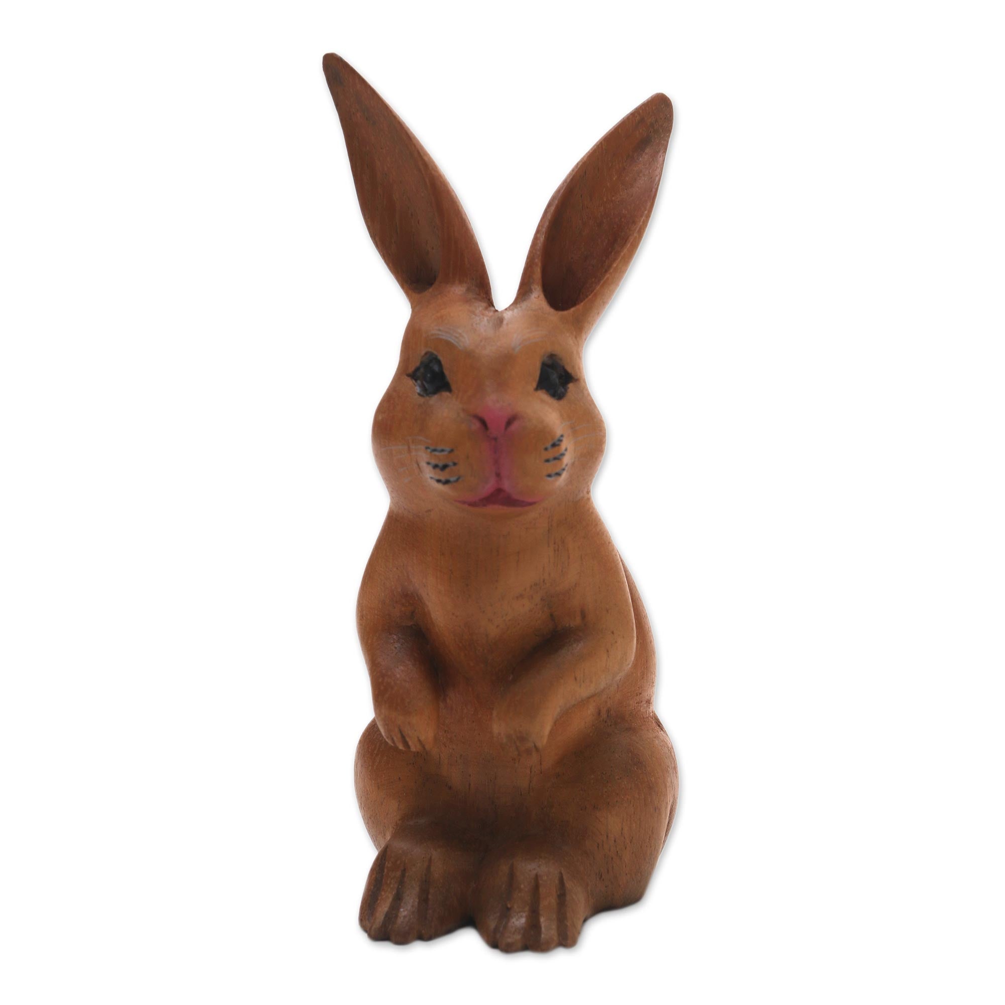 Premium Hand-Carved Brown Bunny Sculpture from Bali - Signed Artisan Piece