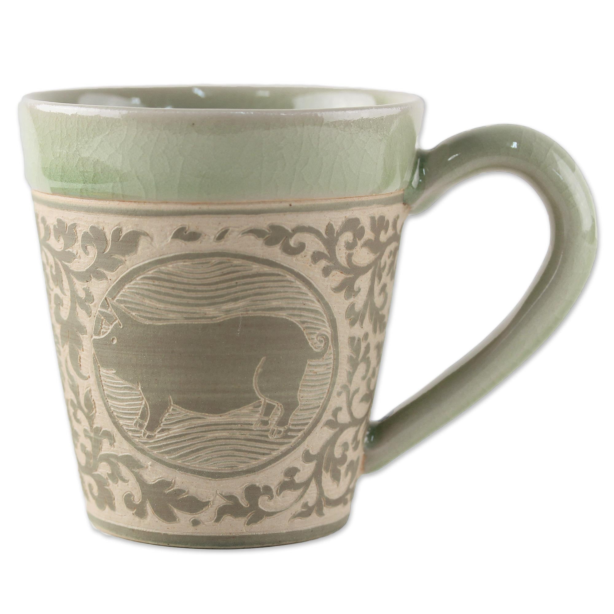Premium Thai Zodiac Pig Celadon Mug – Handcrafted Ceramic with Elegant Design