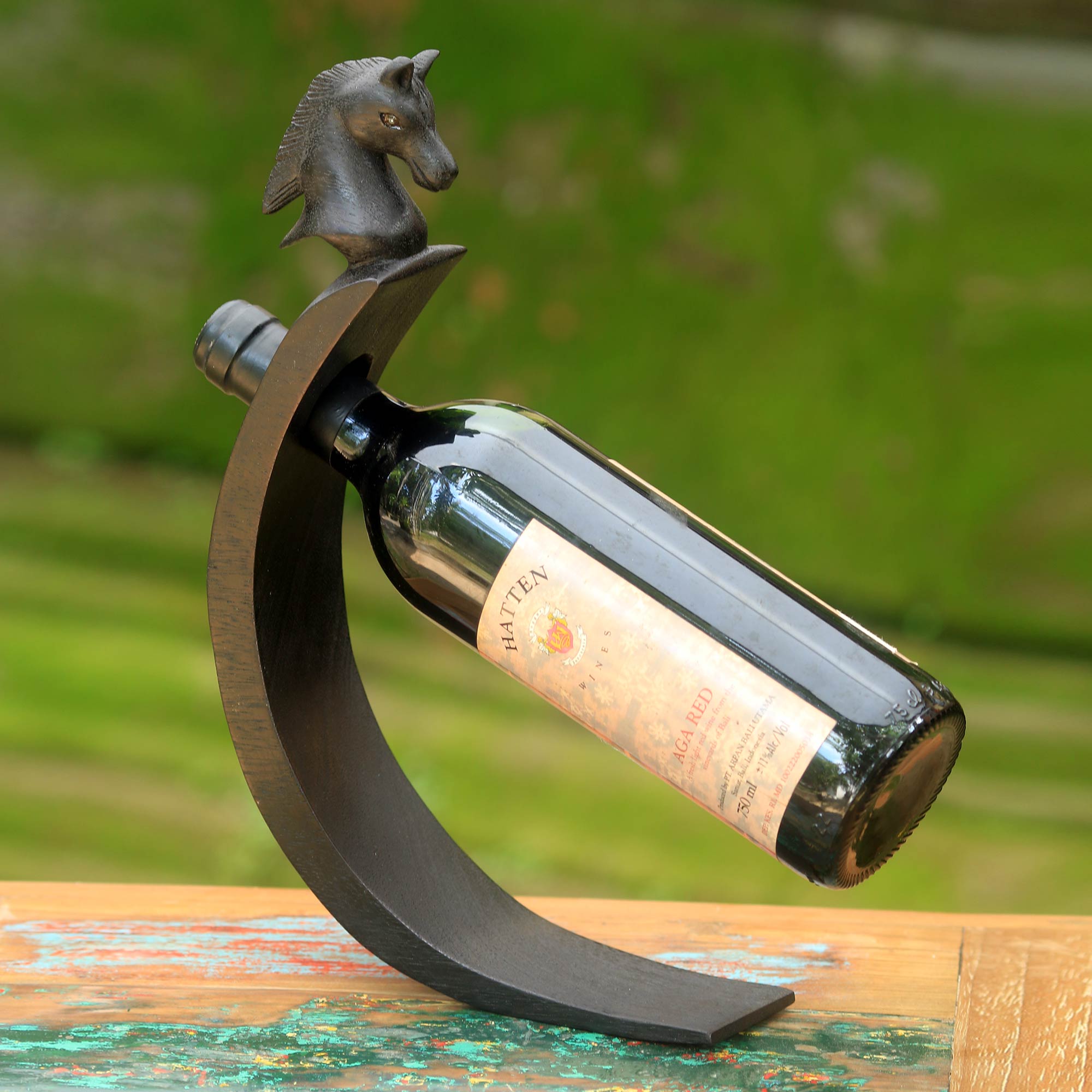 Premium Black Balinese Pony Wine Bottle Holder – Handcrafted Wooden Art Piece