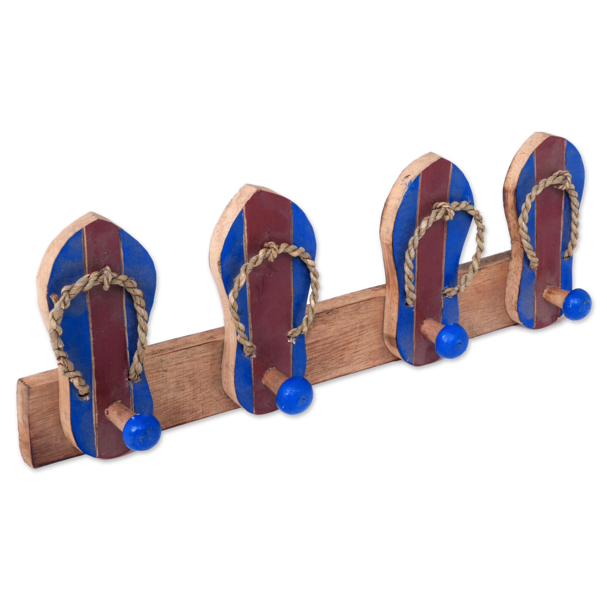 Premium Hand-Carved Wooden Coat Rack with Flip Flop Design – Rustic Maroon & Blue