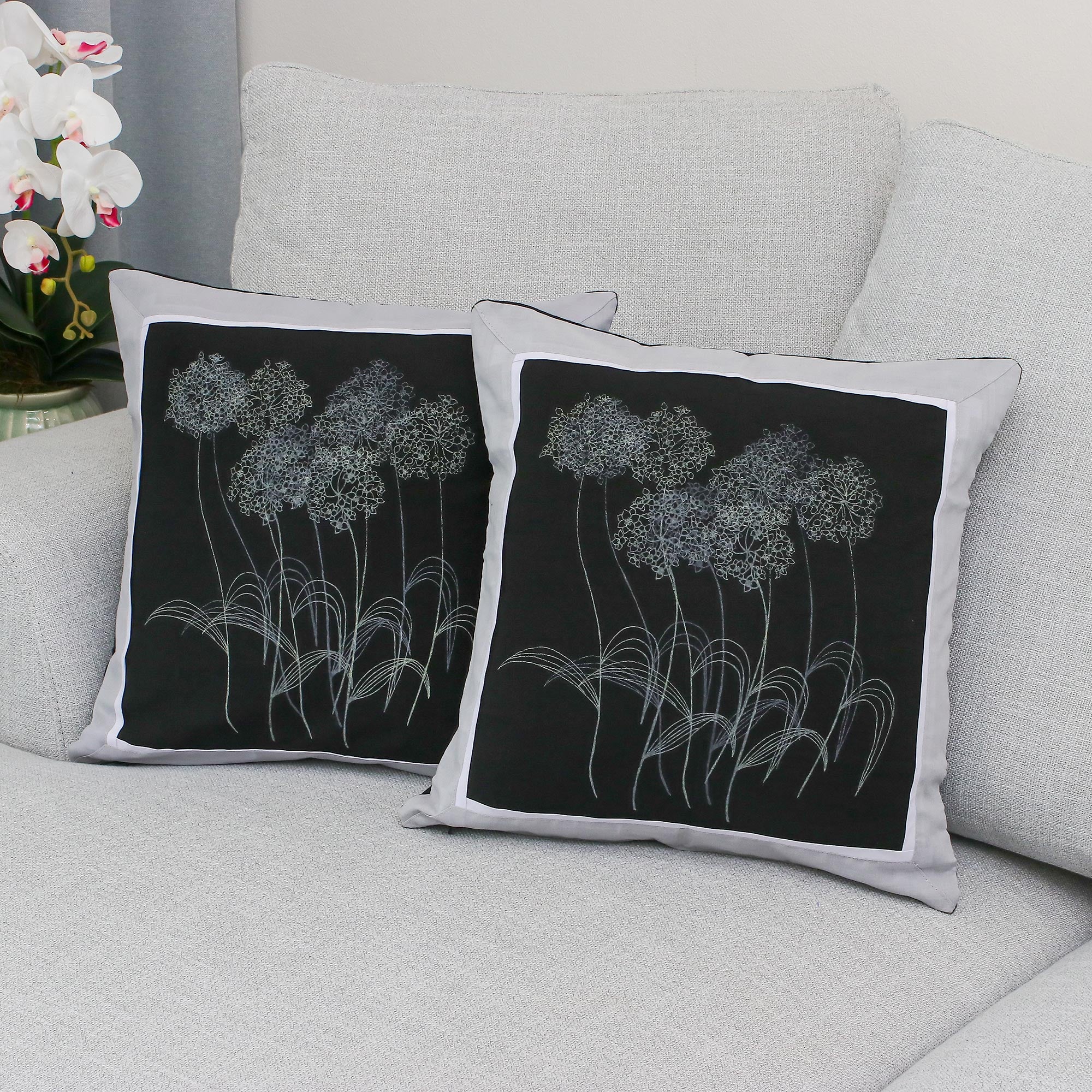 Premium Agapanthus Floral Cotton Cushion Covers Set – Elegant Thai Design (Pair)