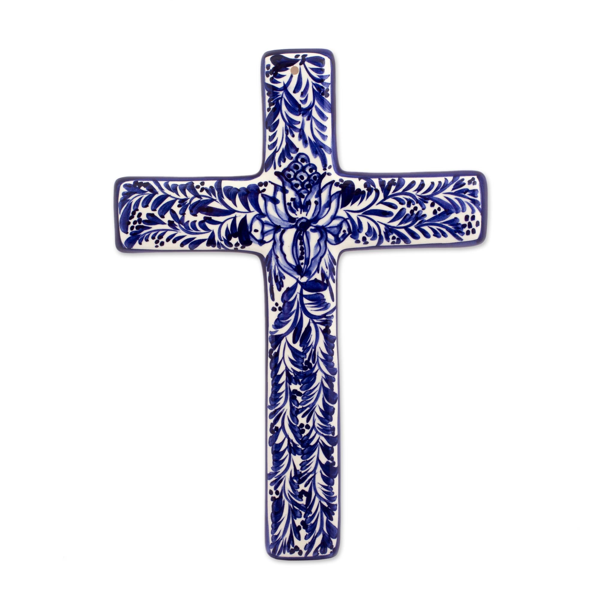 Premium Blue & Ivory Talavera Ceramic Wall Cross - Handcrafted Mexican Art