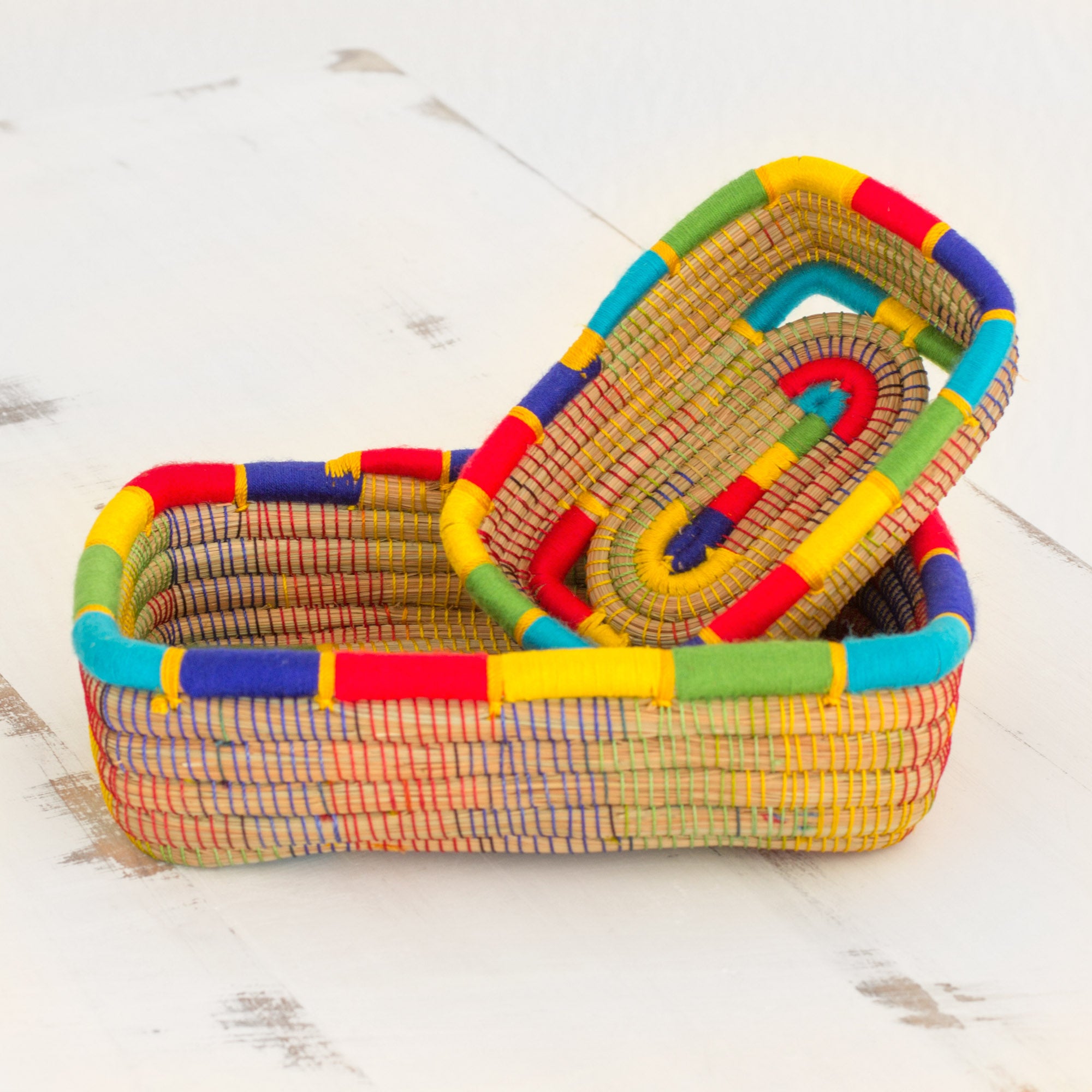 Premium Nicaraguan Handwoven Pine Needle Baskets - Multicolored Rainbow Trim, Set of 2
