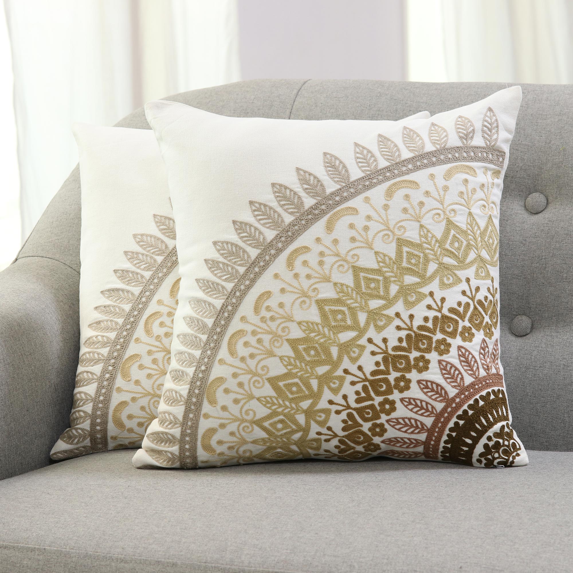 Premium Embroidered Cotton Cushion Covers - Divine Orchard Brown (Pair)